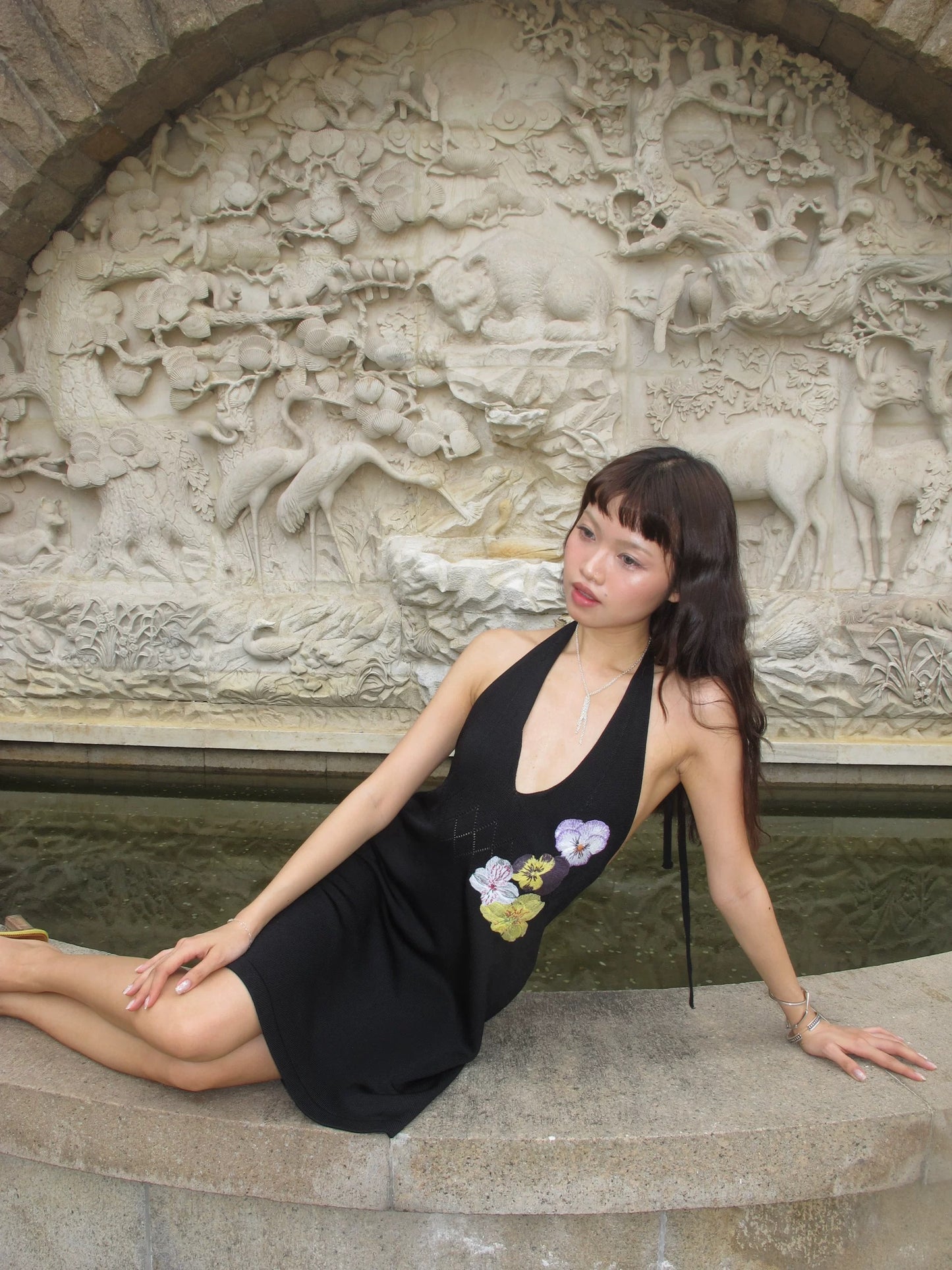 Embroidery knitted dress purple/black