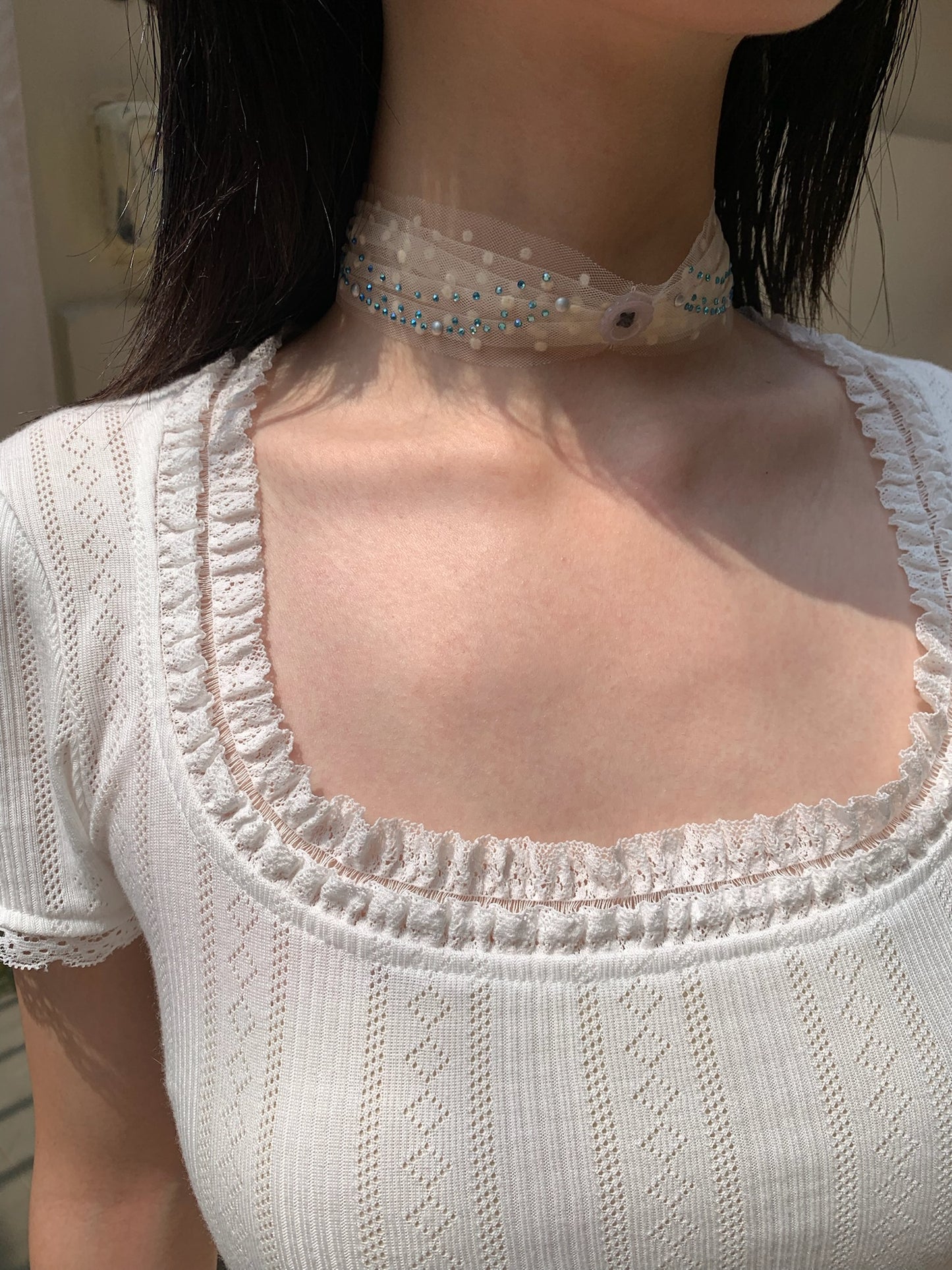 Lace Round-neck White Short-sleeved T-shirt