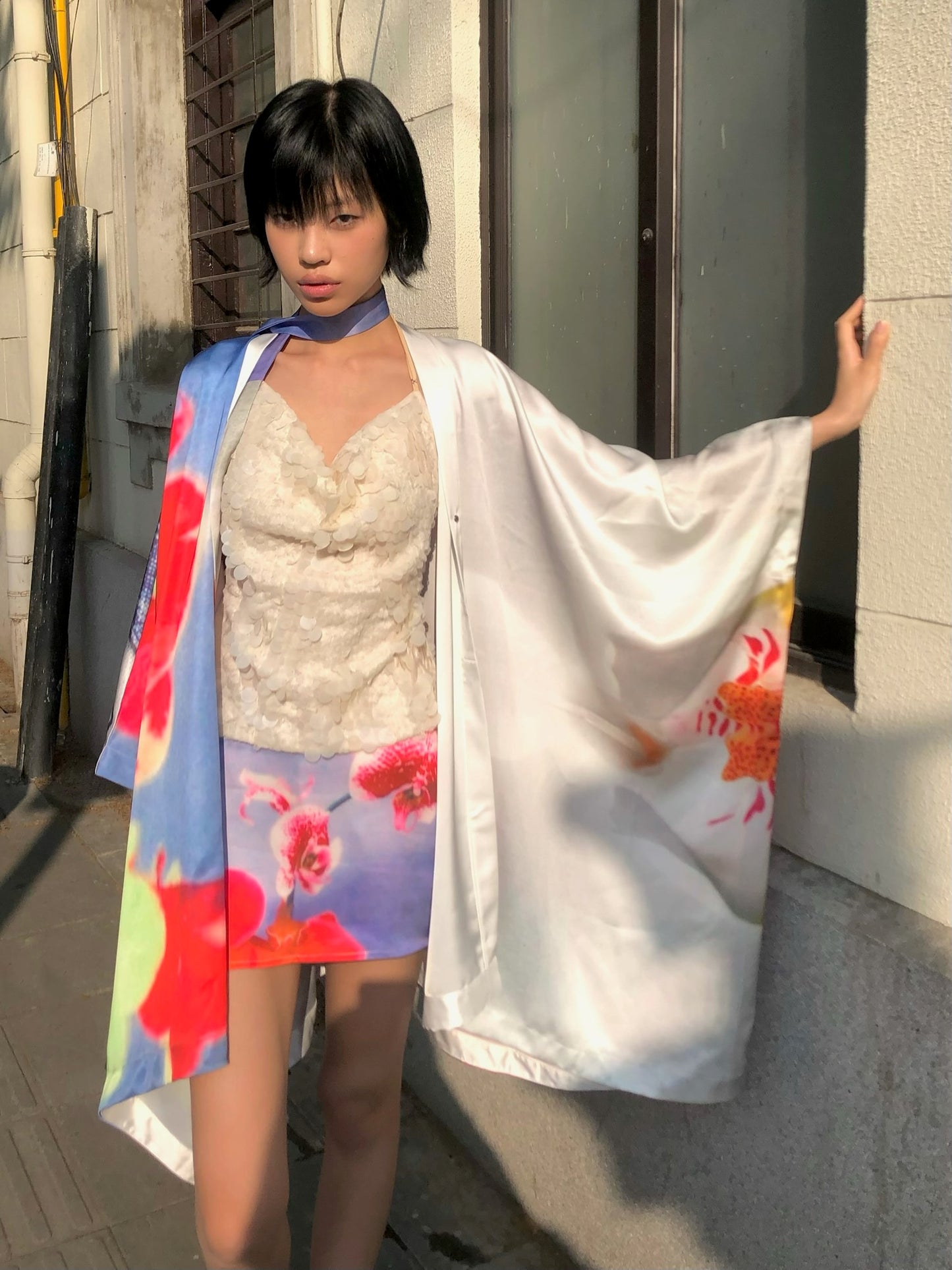 Orchid kimono - Embroidered satin wide sleeves cardigan (with belt)+Top+Skirt