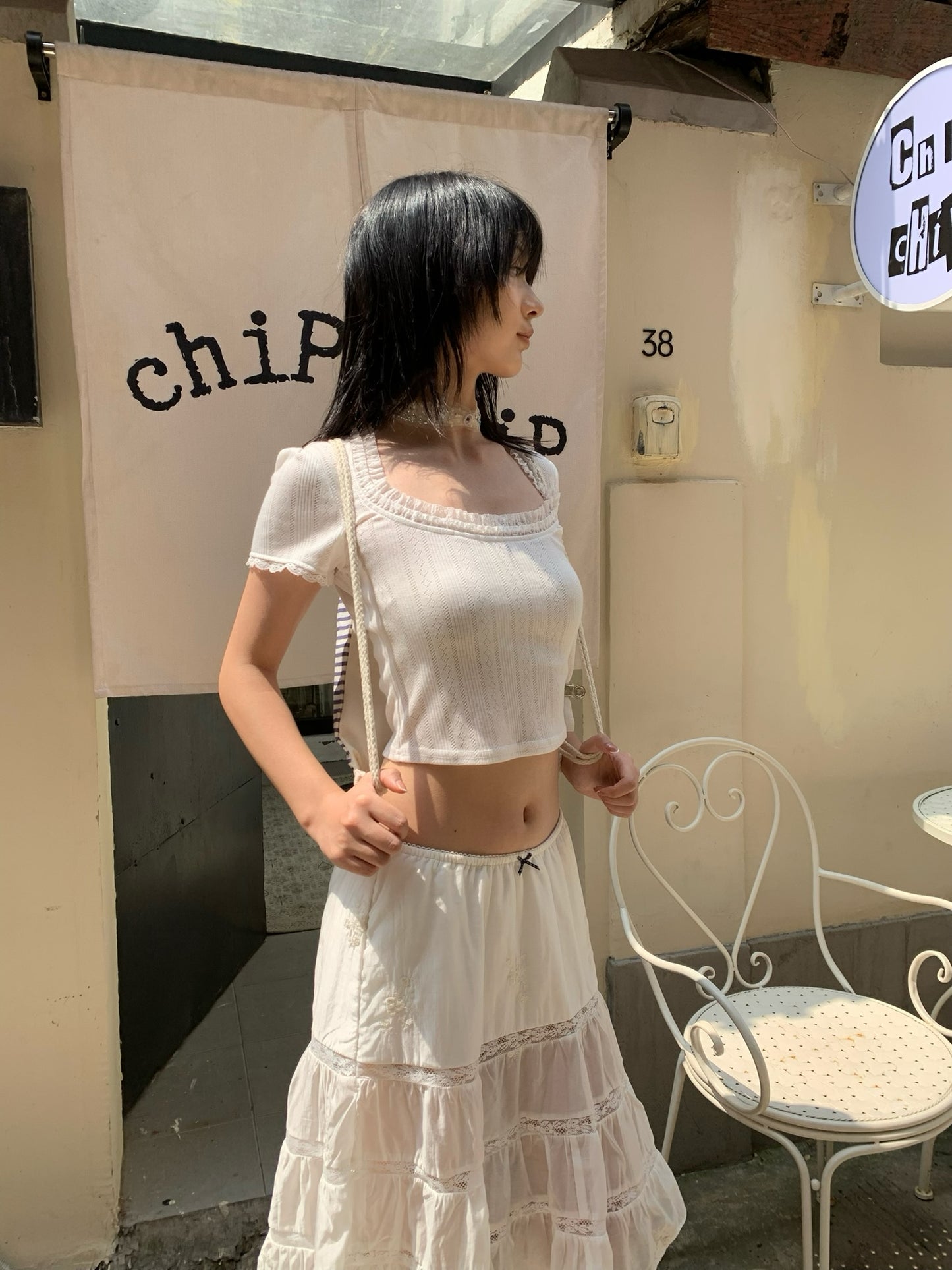 Lace Round-neck White Short-sleeved T-shirt