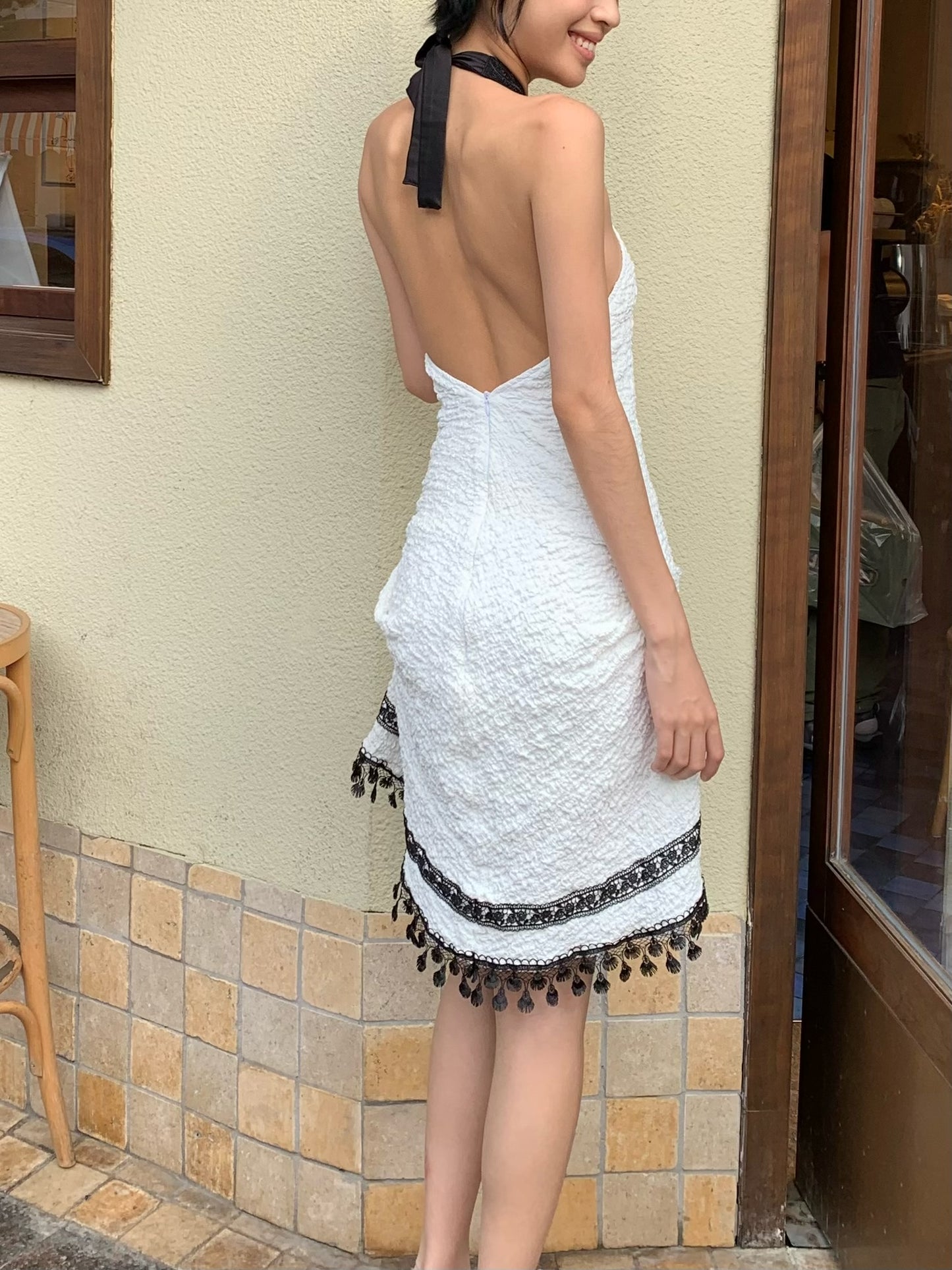 Black and White Contrast Color Stretch Pleated Dress