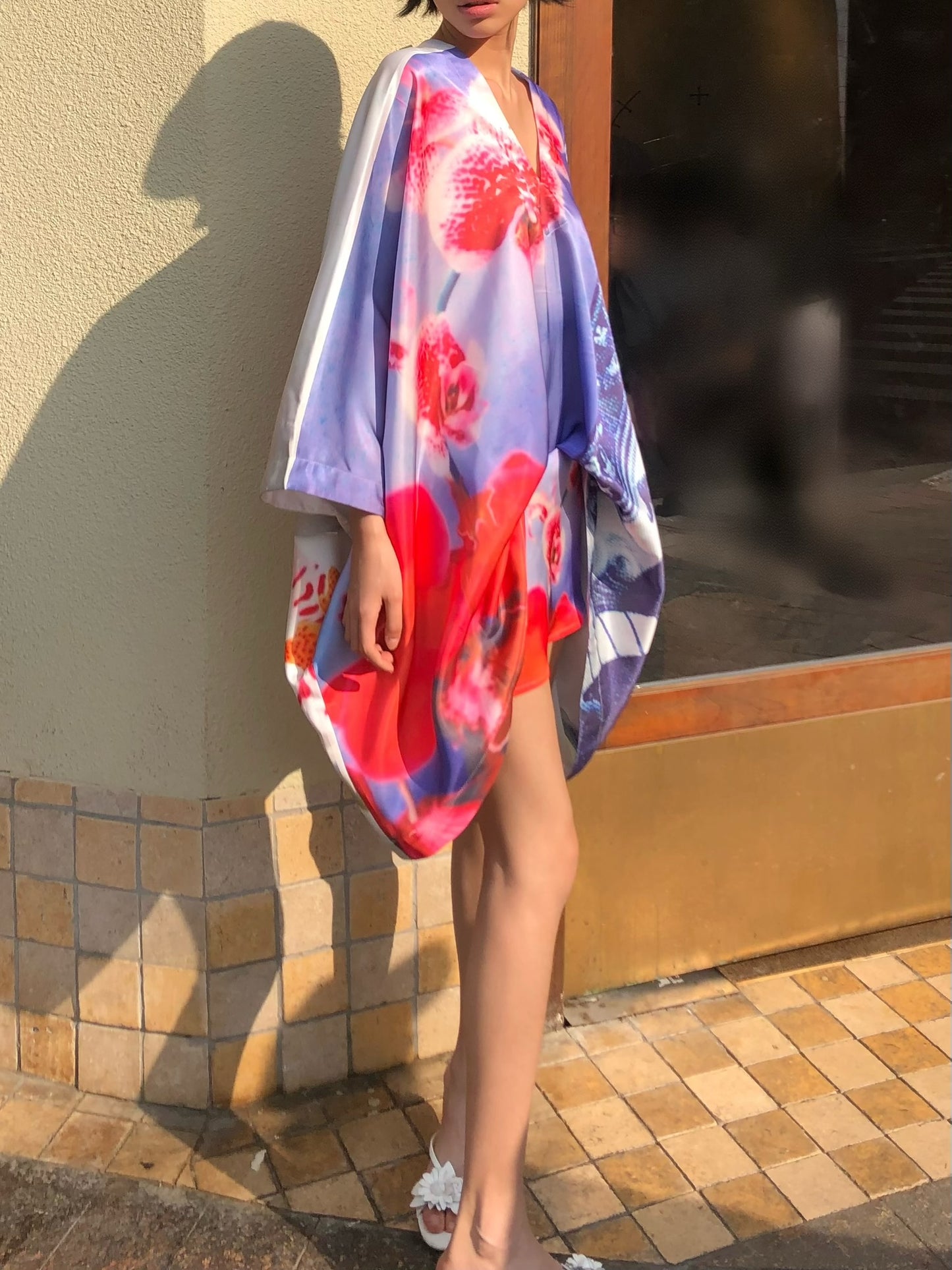 Orchid kimono - Embroidered satin wide sleeves cardigan (with belt)+Top+Skirt