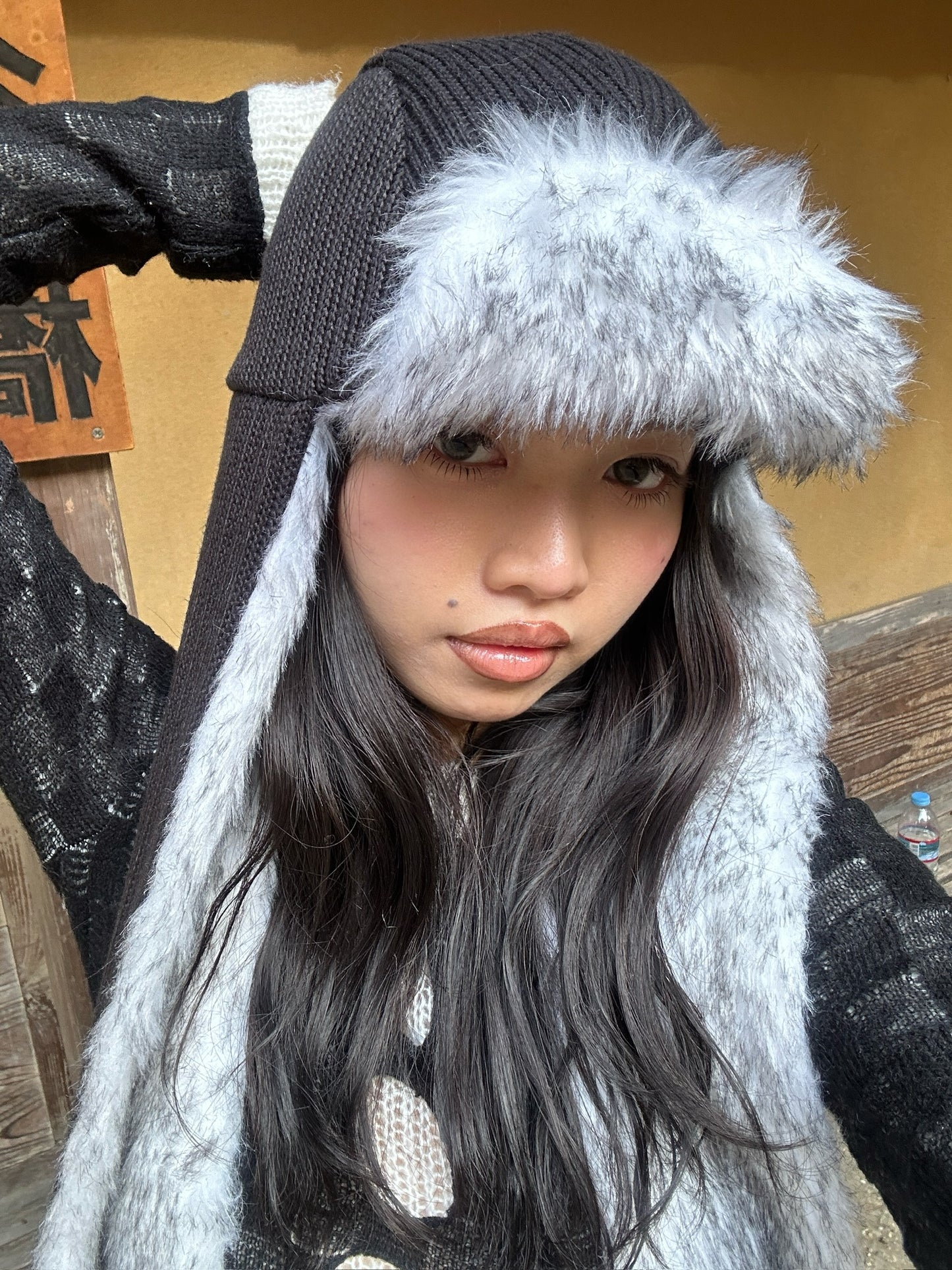 Iong “ear”black funky furry warm fur hat/scarf