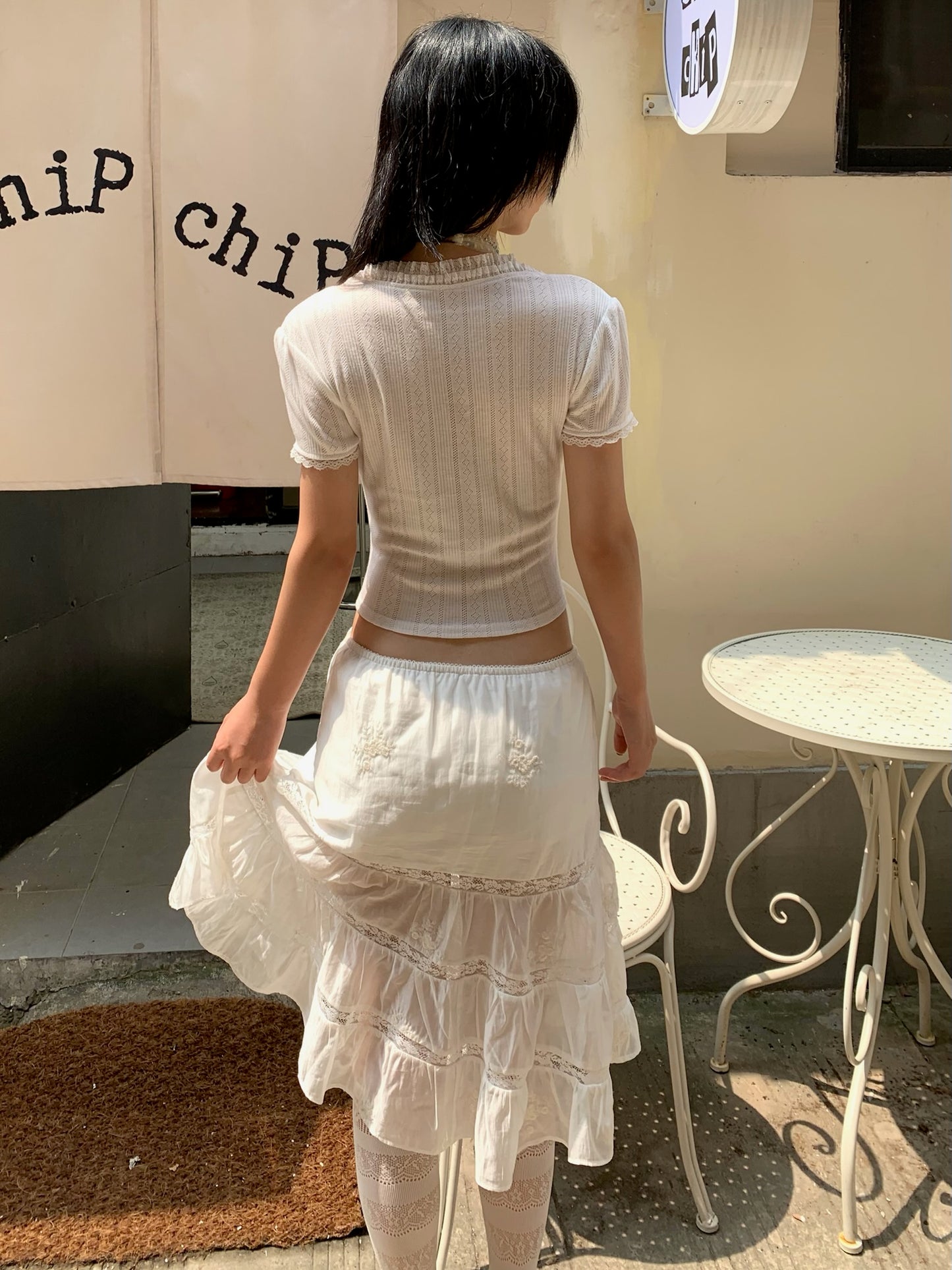Lace Round-neck White Short-sleeved T-shirt