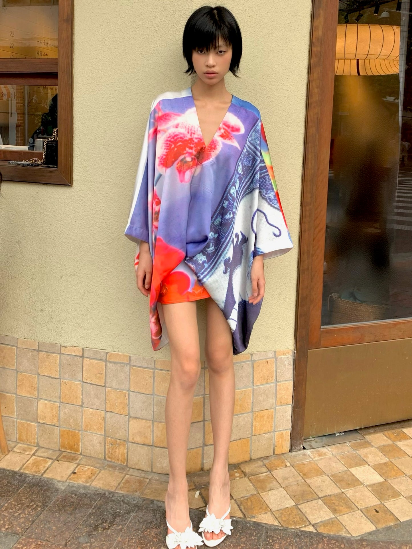 Orchid kimono - Embroidered satin wide sleeves cardigan (with belt)+Top+Skirt