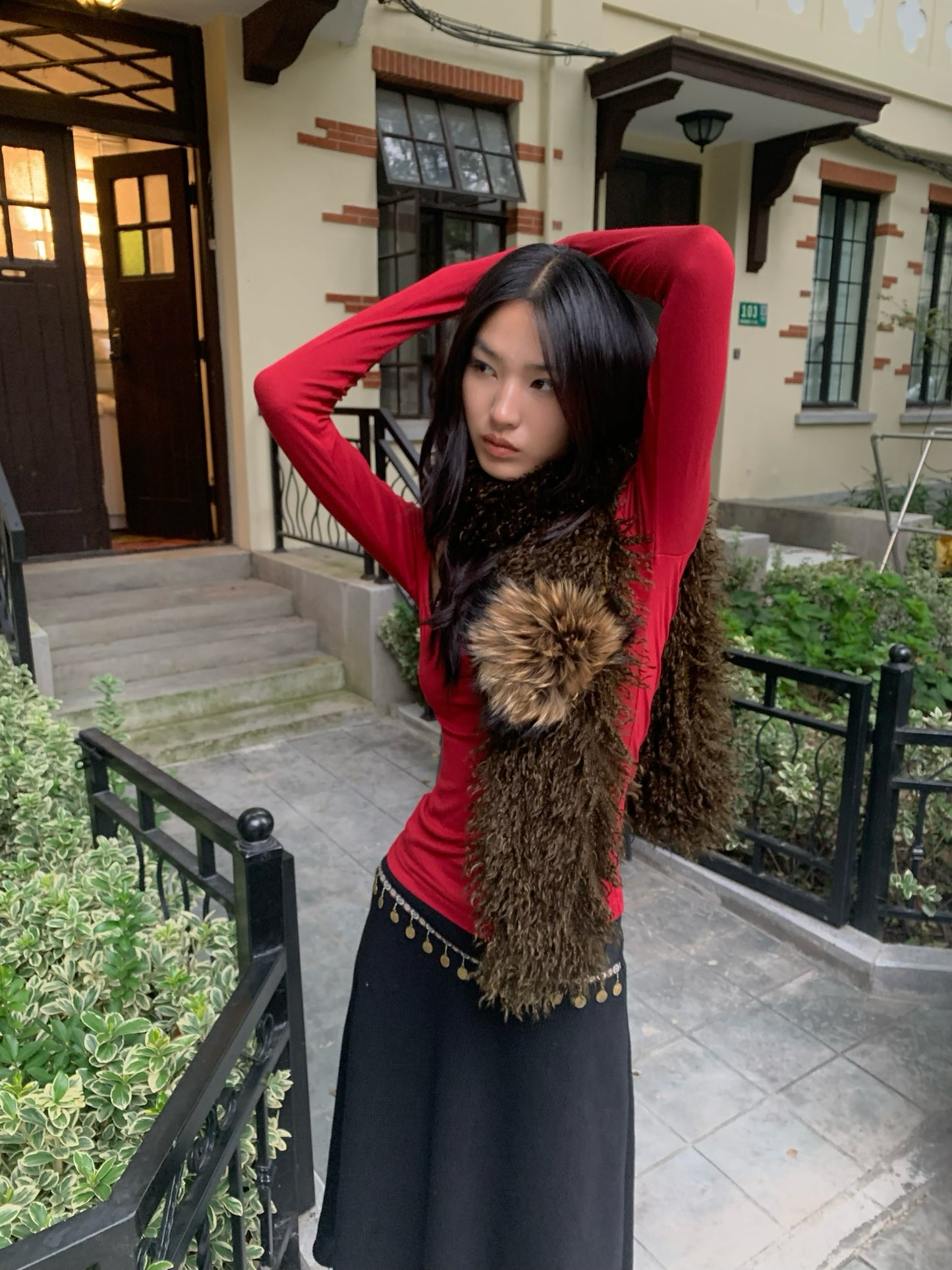 Dark olive green fur scarf