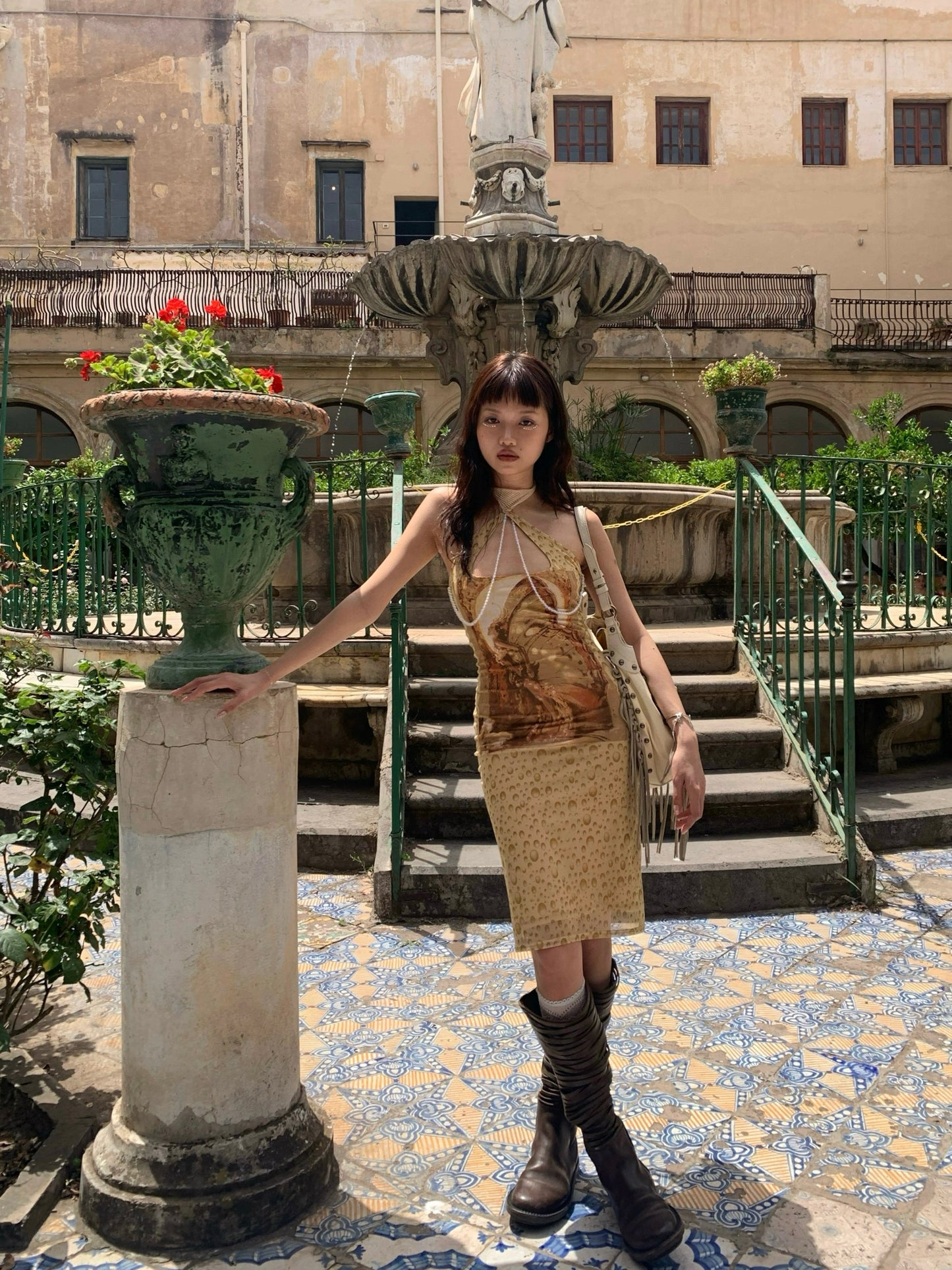 Fairy print mesh slim dress