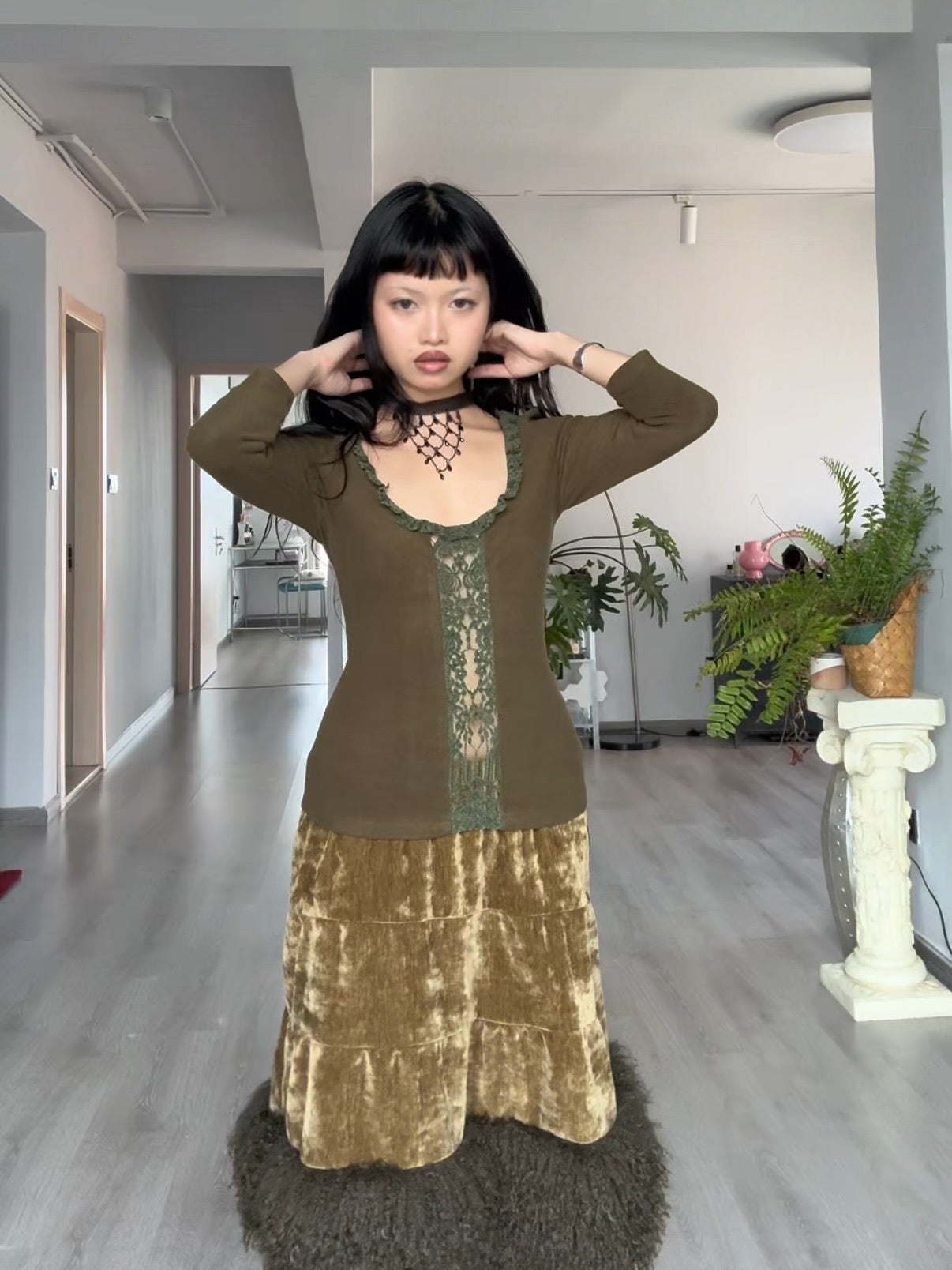 Shagreen green velvet-effect corduroy patchwork faux fur A-line skirt