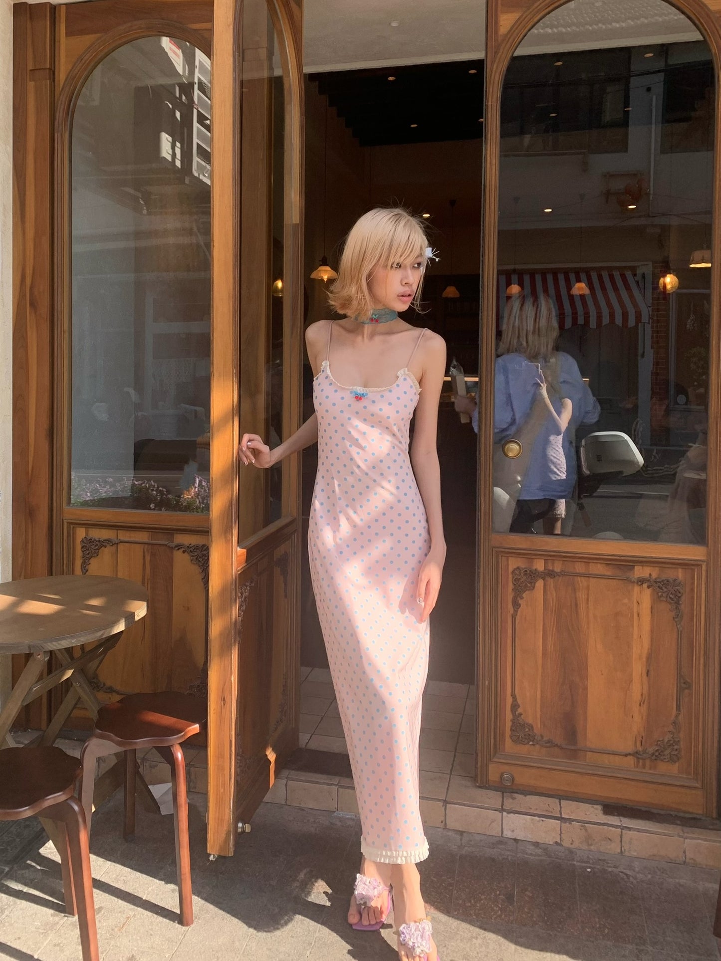 Candy polka dot dress in long version - Original pink strapless stretch-fitting long dress