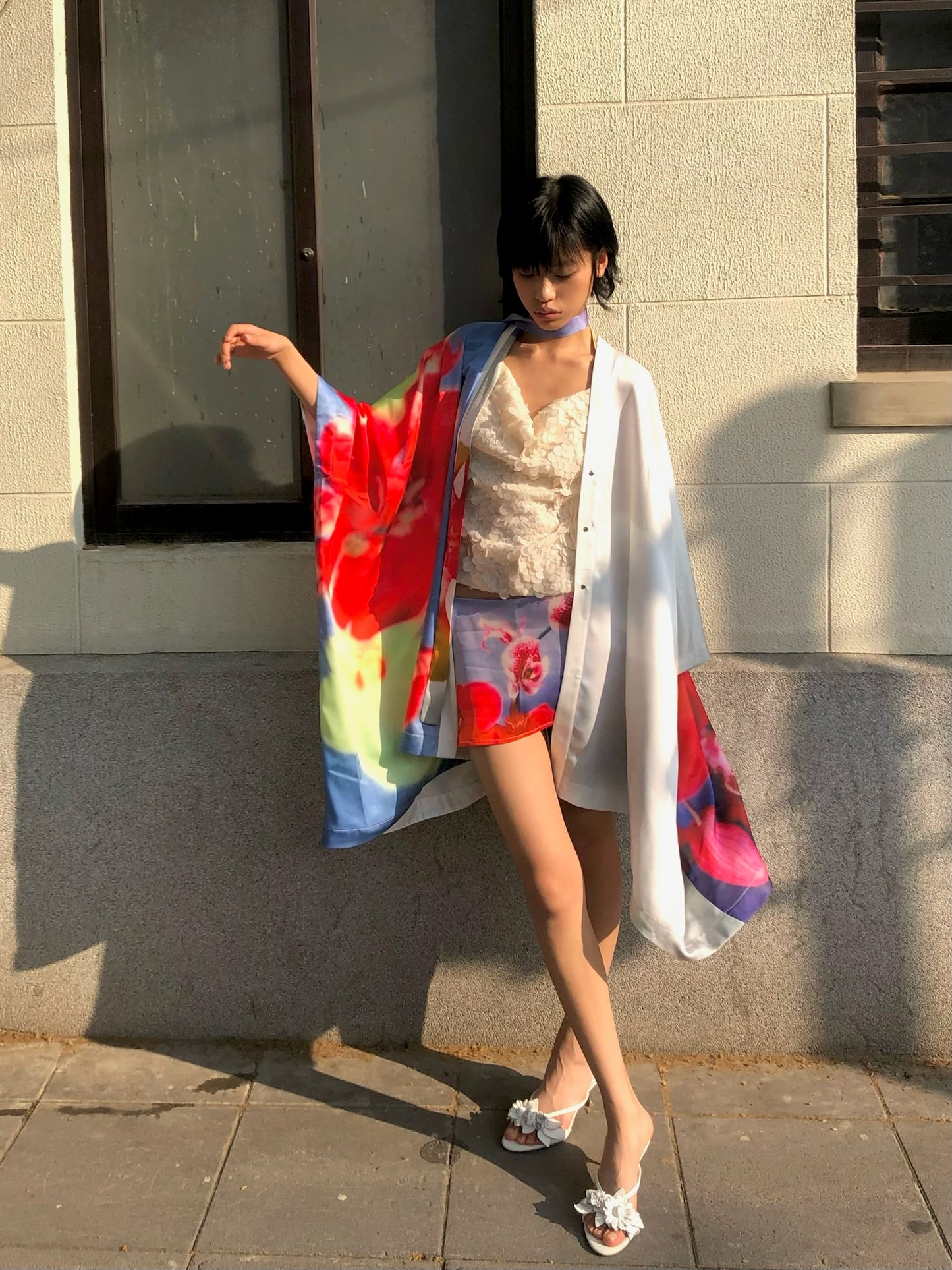 Orchid kimono - Embroidered satin wide sleeves cardigan (with belt)+Top+Skirt