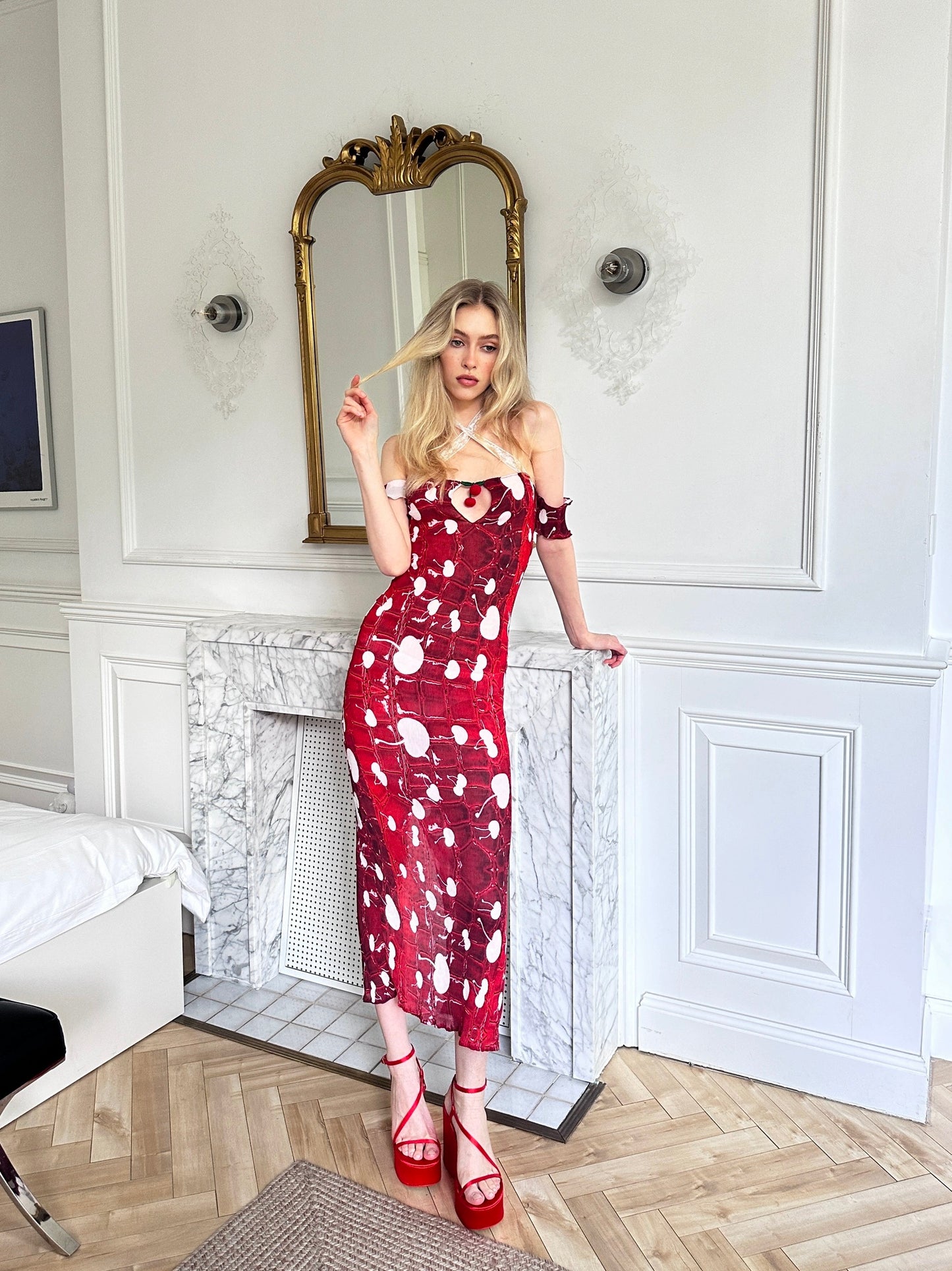 Red cherry print pleated stretchy dress (long length version)