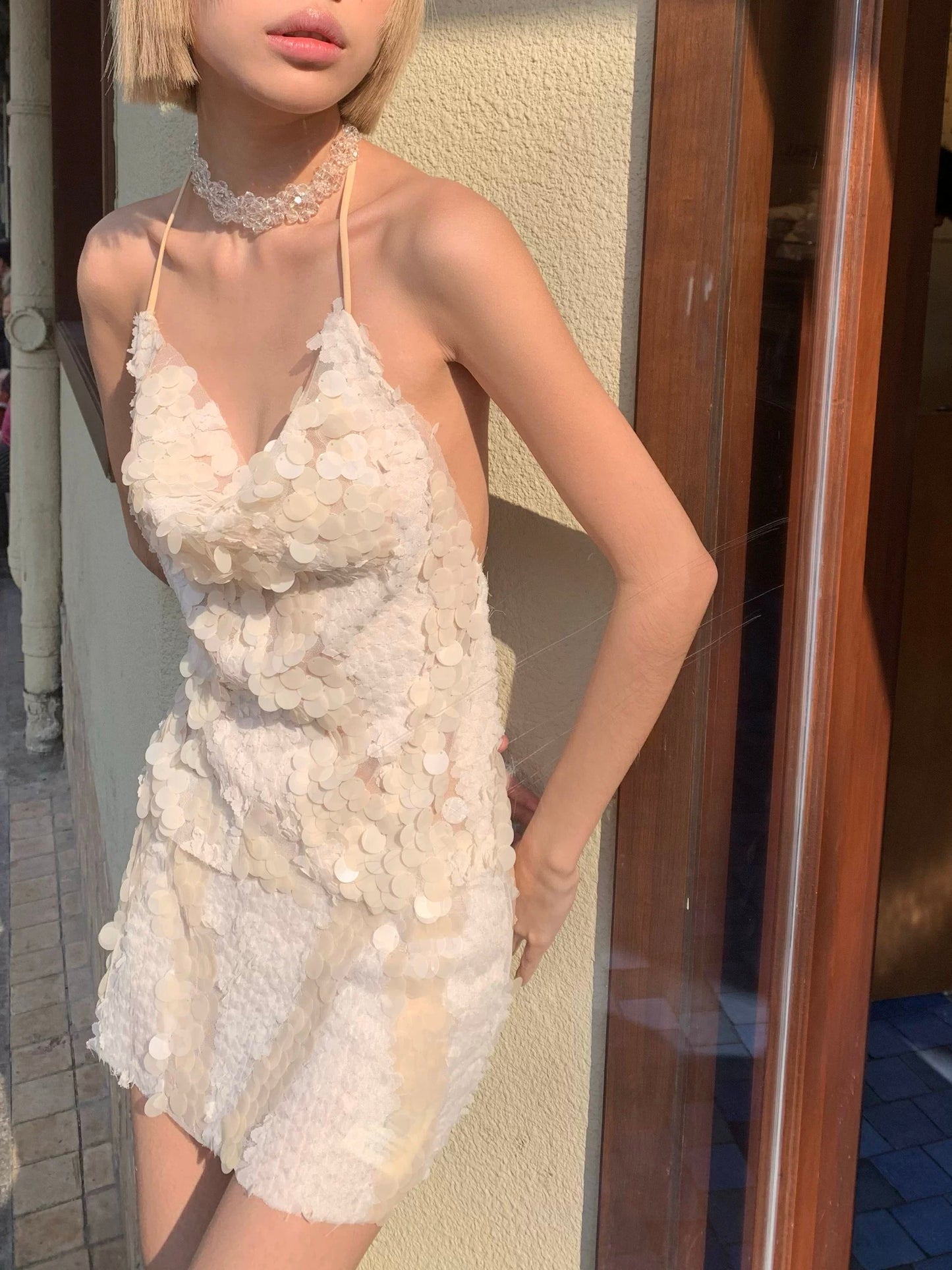 Beautiful mermaid-style with nude color, glittery sequins top