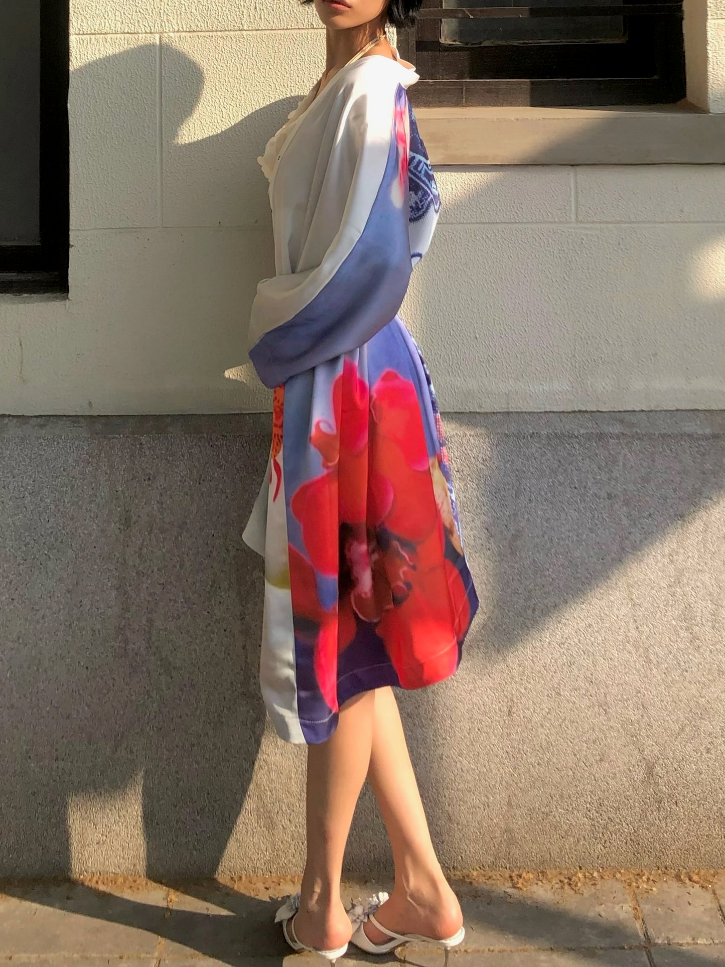 Orchid kimono - Embroidered satin wide sleeves cardigan (with belt)+Top+Skirt