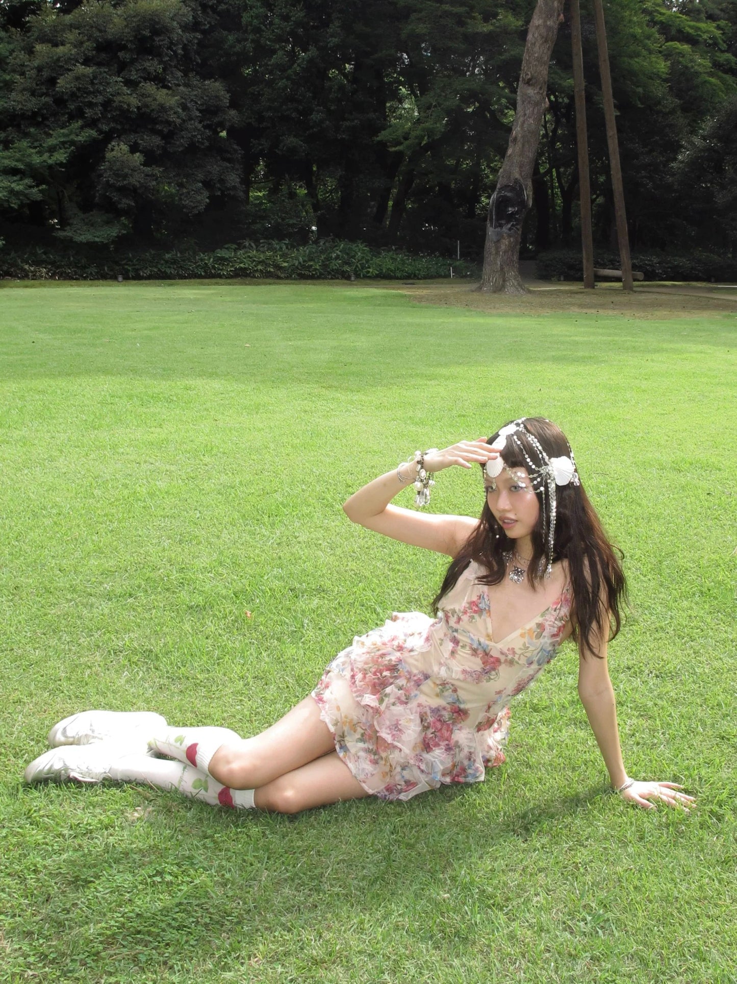 Fairyland puffy short nude printed nude floral dress