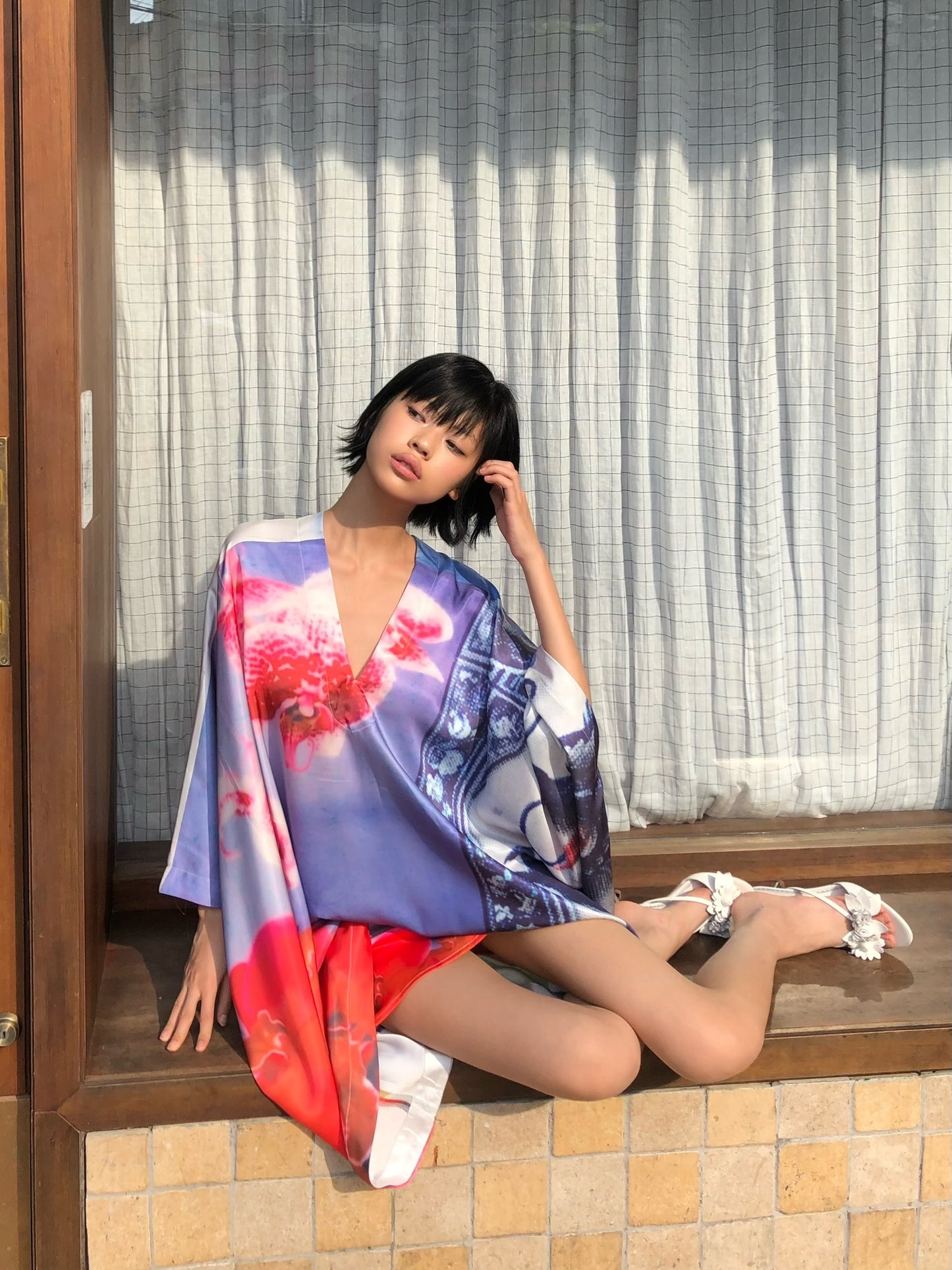 Orchid kimono - Embroidered satin wide sleeves cardigan (with belt)+Top+Skirt