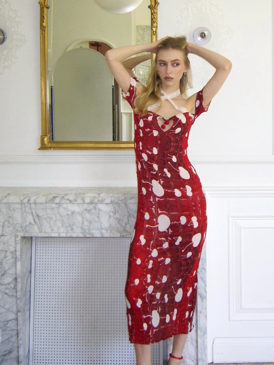 Red cherry print pleated stretchy dress (long length version)