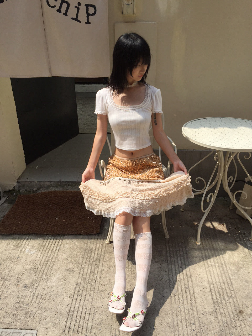 Lace Round-neck White Short-sleeved T-shirt