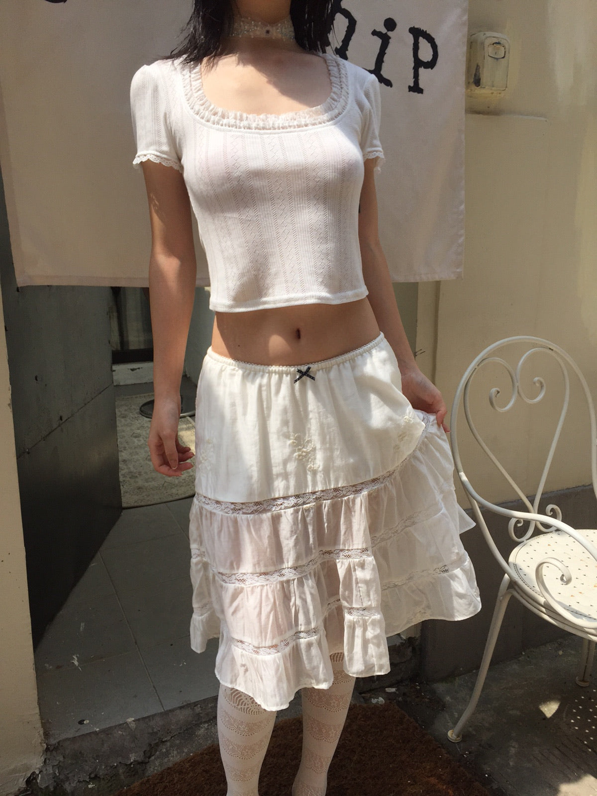 Lace Round-neck White Short-sleeved T-shirt