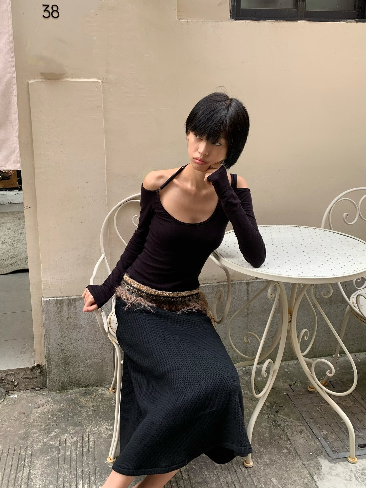 High-quality Tencel and Australian wool off-the-shoulder versatile long-sleeved top Black