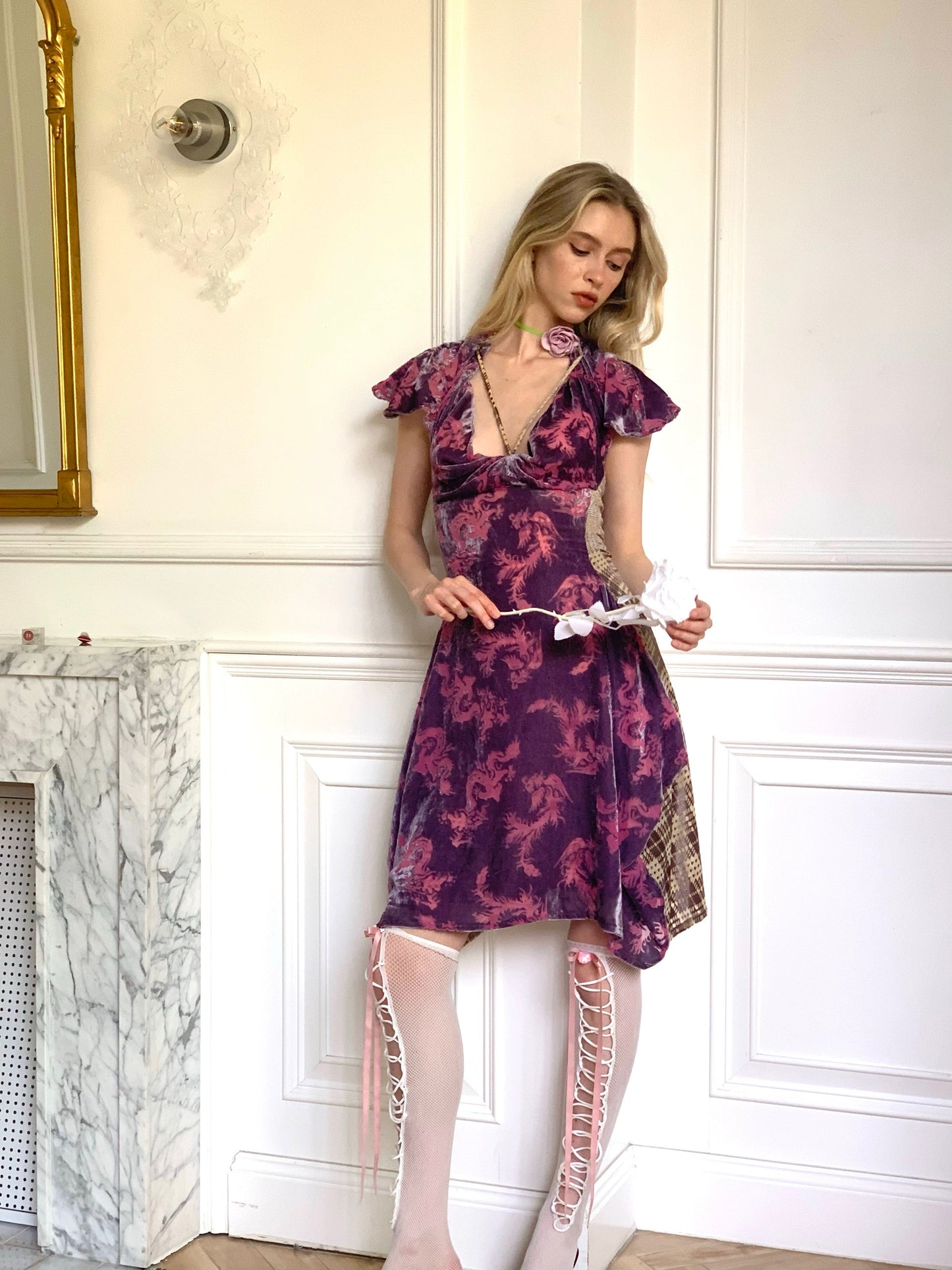Draped vintage style purple dragon print velvet patched with coffee check velvet fabric