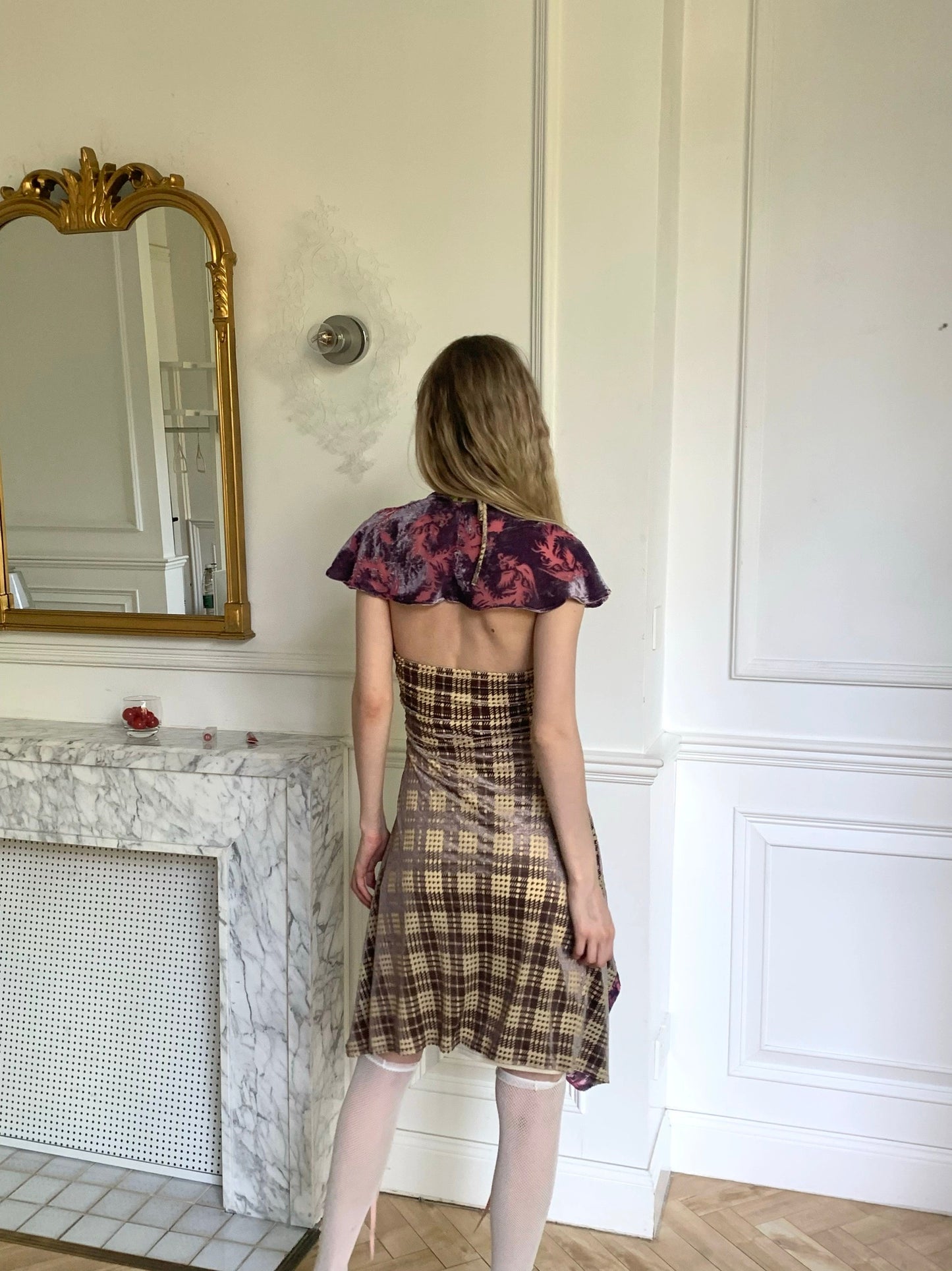 Draped vintage style purple dragon print velvet patched with coffee check velvet fabric