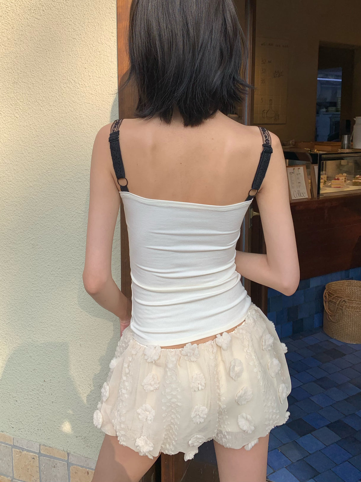 Beige bubble-shaped, puffy, low-waist, stretchy ultra-short pants