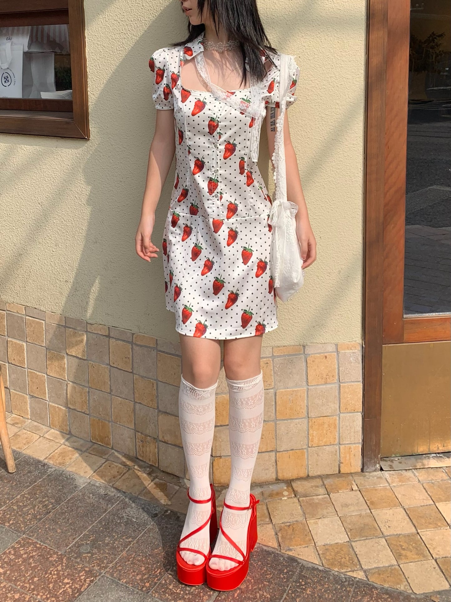 Strawberry polka dot cupcakes. Original printed bubble sleeve satin dress