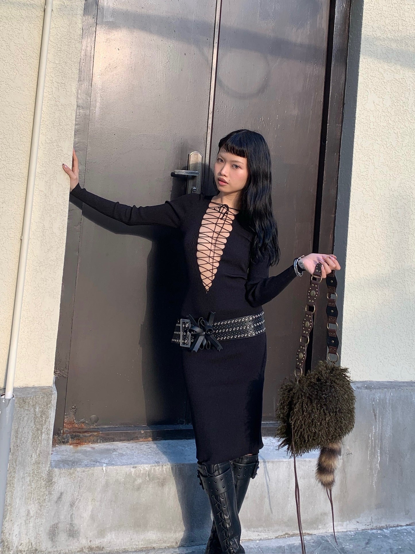 Raccoon Tail Cute furry Moss green faux fur bag