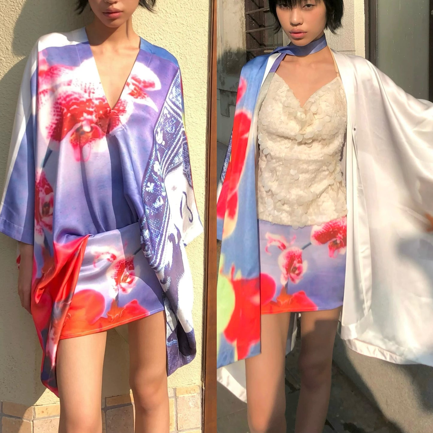 Orchid kimono - Embroidered satin wide sleeves cardigan (with belt)+Top+Skirt