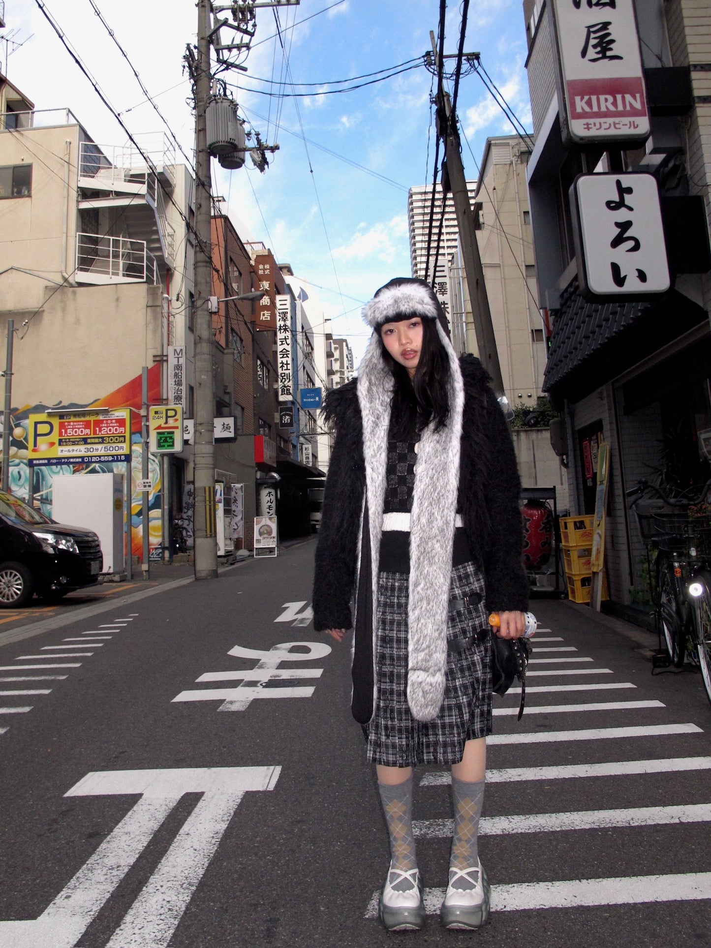 Iong “ear”black funky furry warm fur hat/scarf