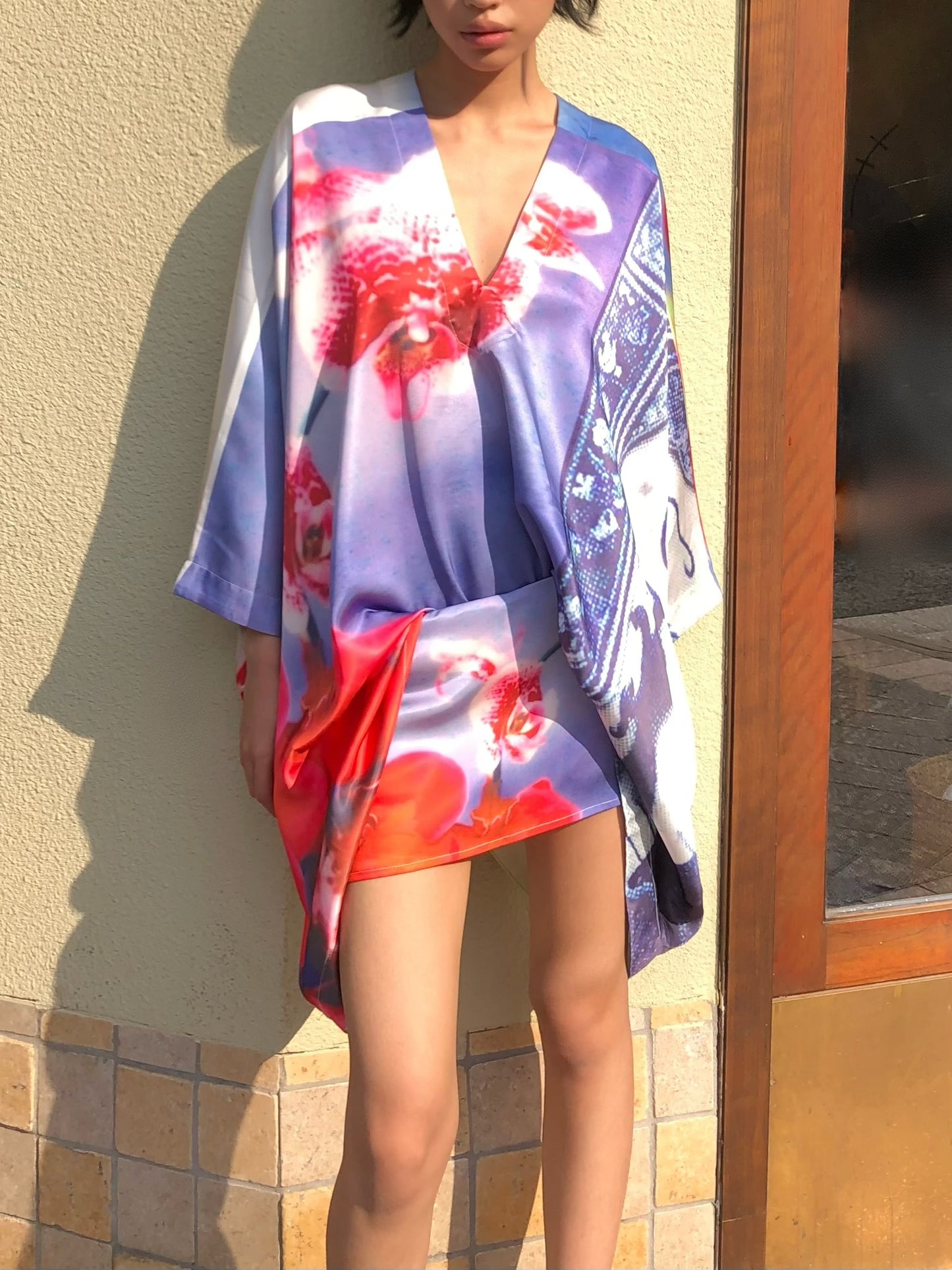Orchid kimono - Embroidered satin wide sleeves cardigan (with belt)+Top+Skirt