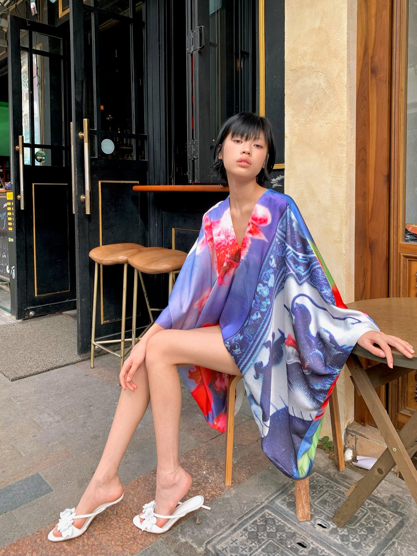 Orchid kimono - Embroidered satin wide sleeves cardigan (with belt)+Top+Skirt