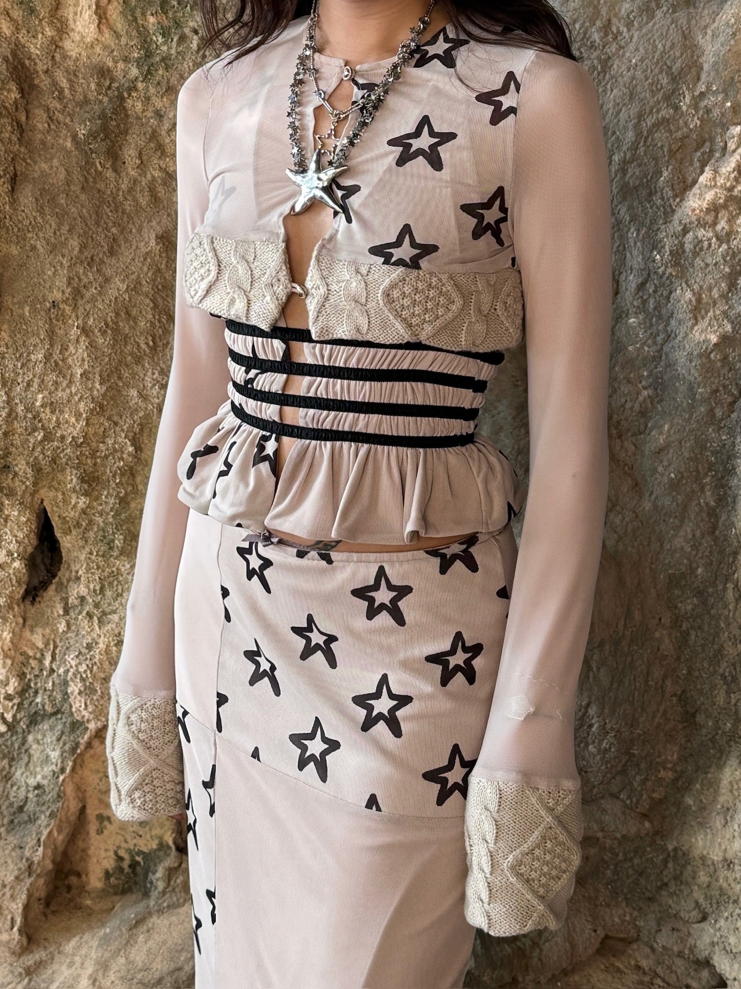 cardigan / coat with star-printed mesh fabric and chunky knitted trim