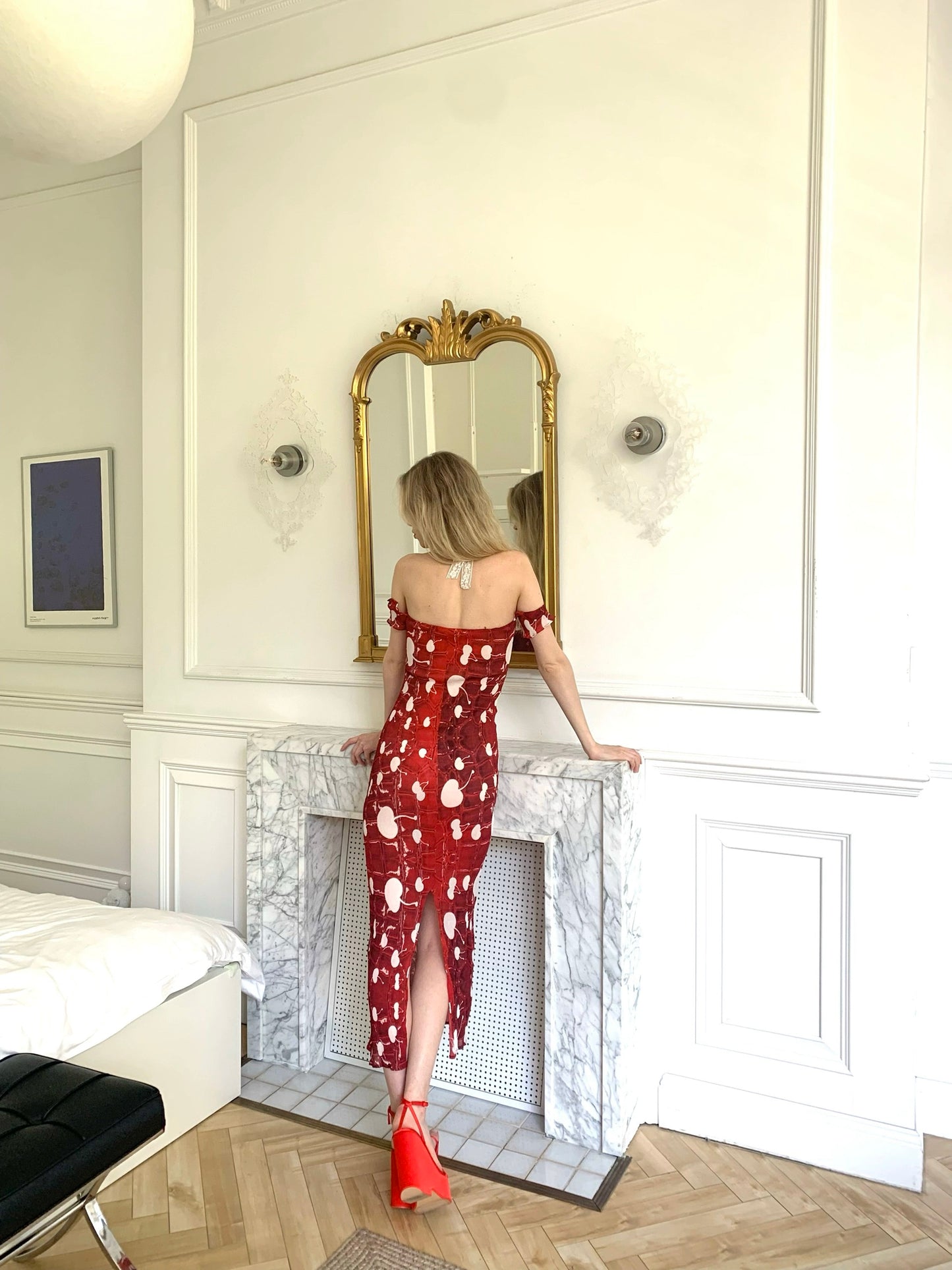 Red cherry print pleated stretchy dress (long length version)