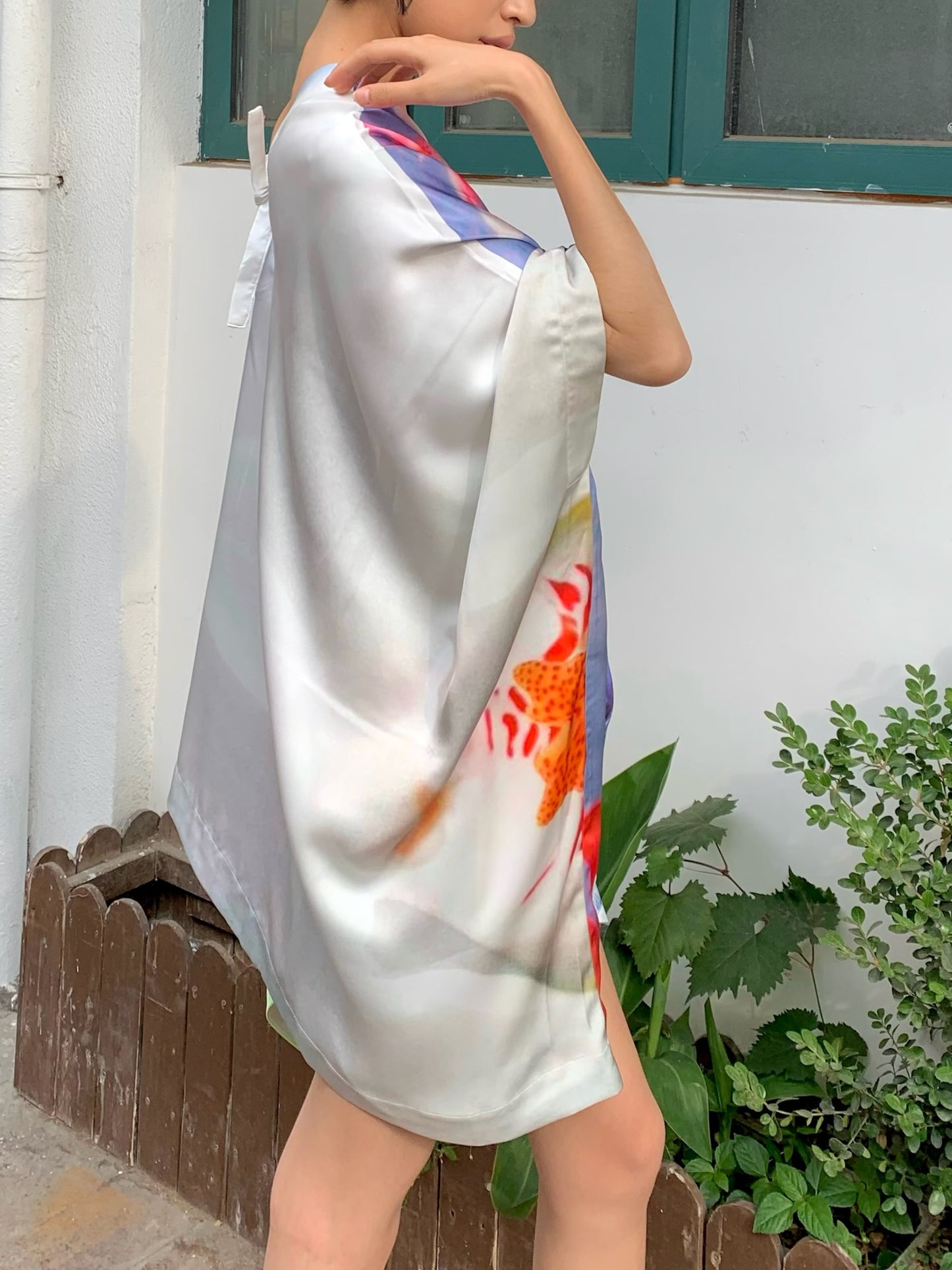 Orchid kimono - Embroidered satin wide sleeves cardigan (with belt)+Top+Skirt