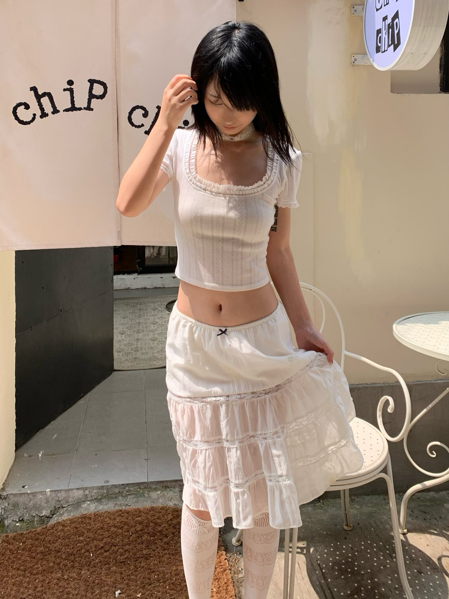 Lace Round-neck White Short-sleeved T-shirt