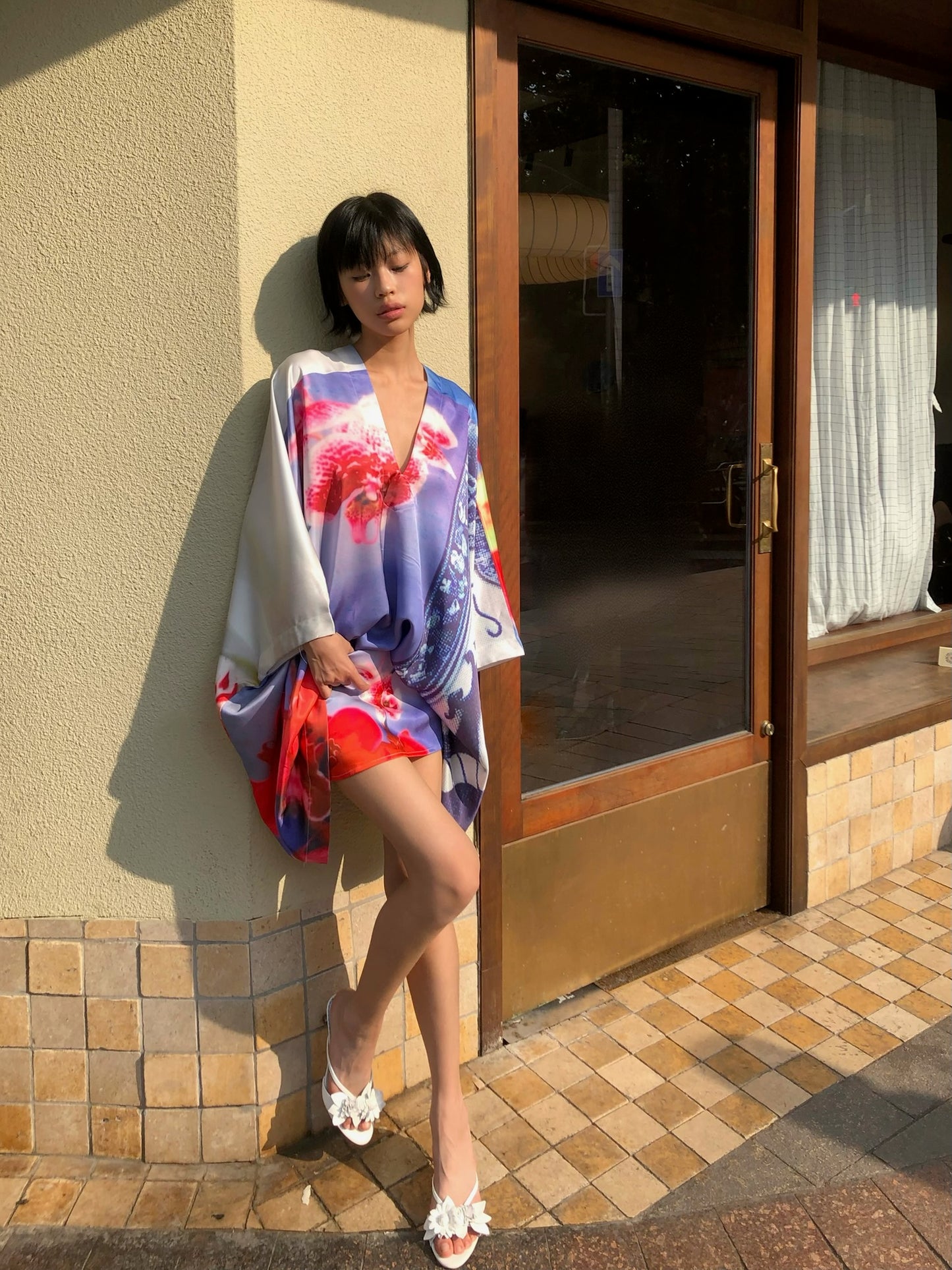 Orchid kimono - Embroidered satin wide sleeves cardigan (with belt)+Top+Skirt