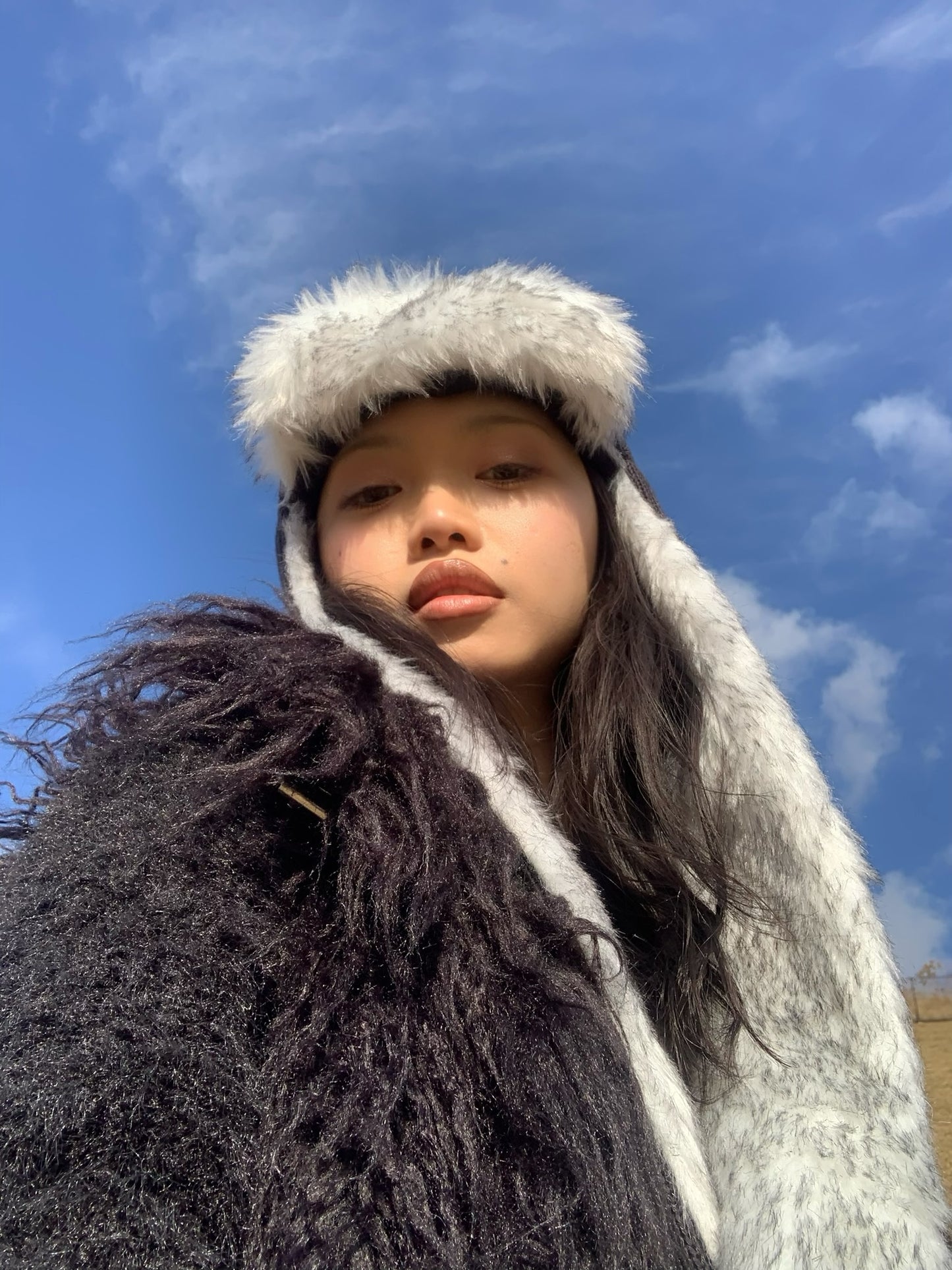 Iong “ear”black funky furry warm fur hat/scarf