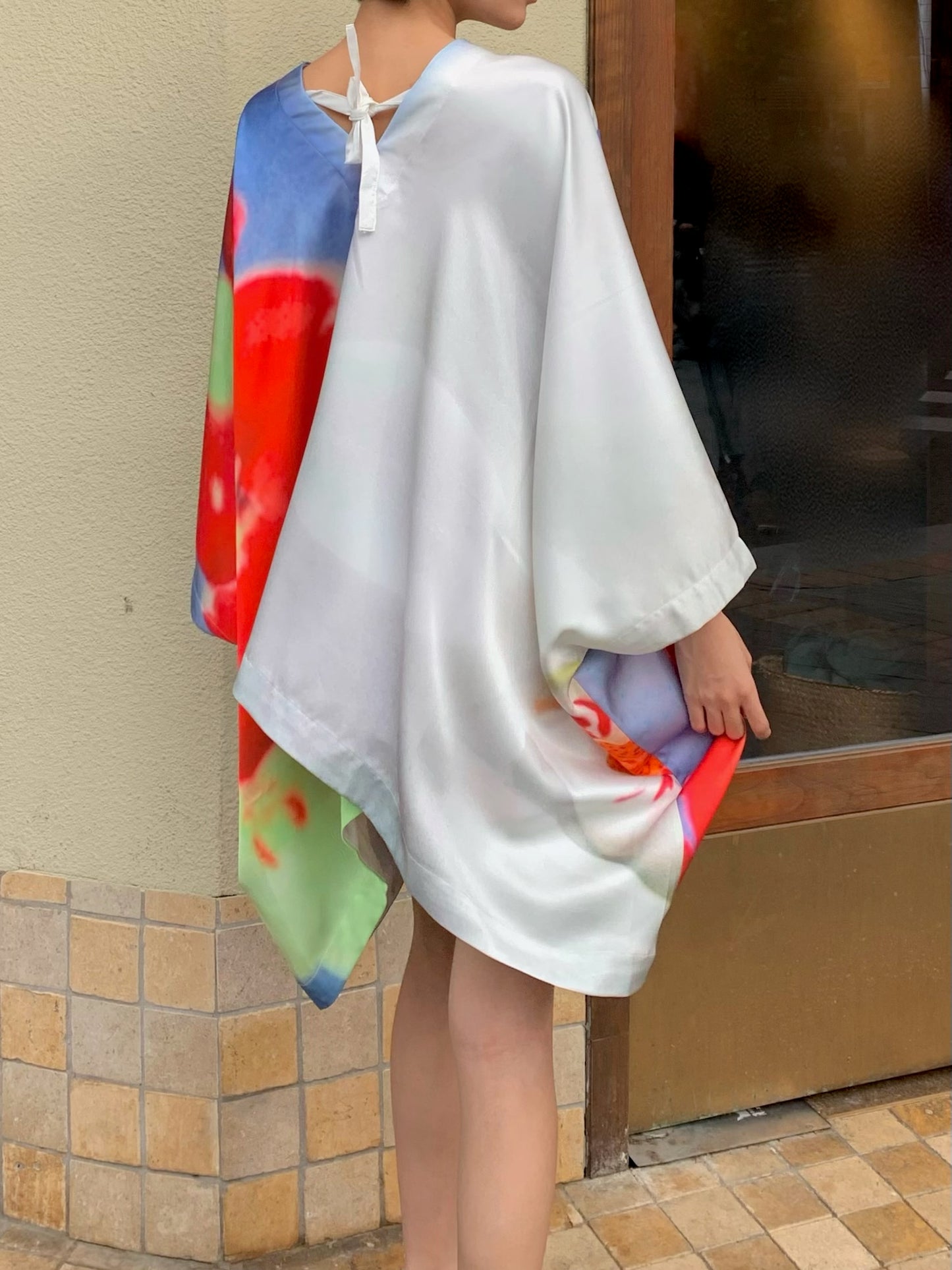 Orchid kimono - Embroidered satin wide sleeves cardigan (with belt)+Top+Skirt