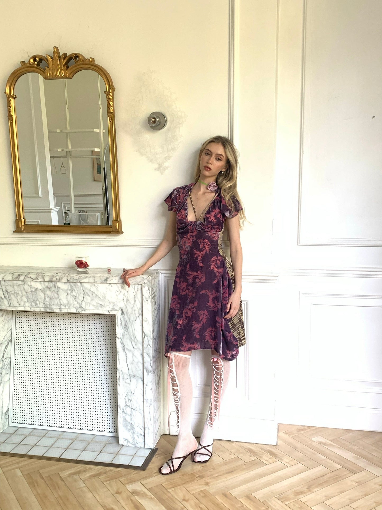Draped vintage style purple dragon print velvet patched with coffee check velvet fabric