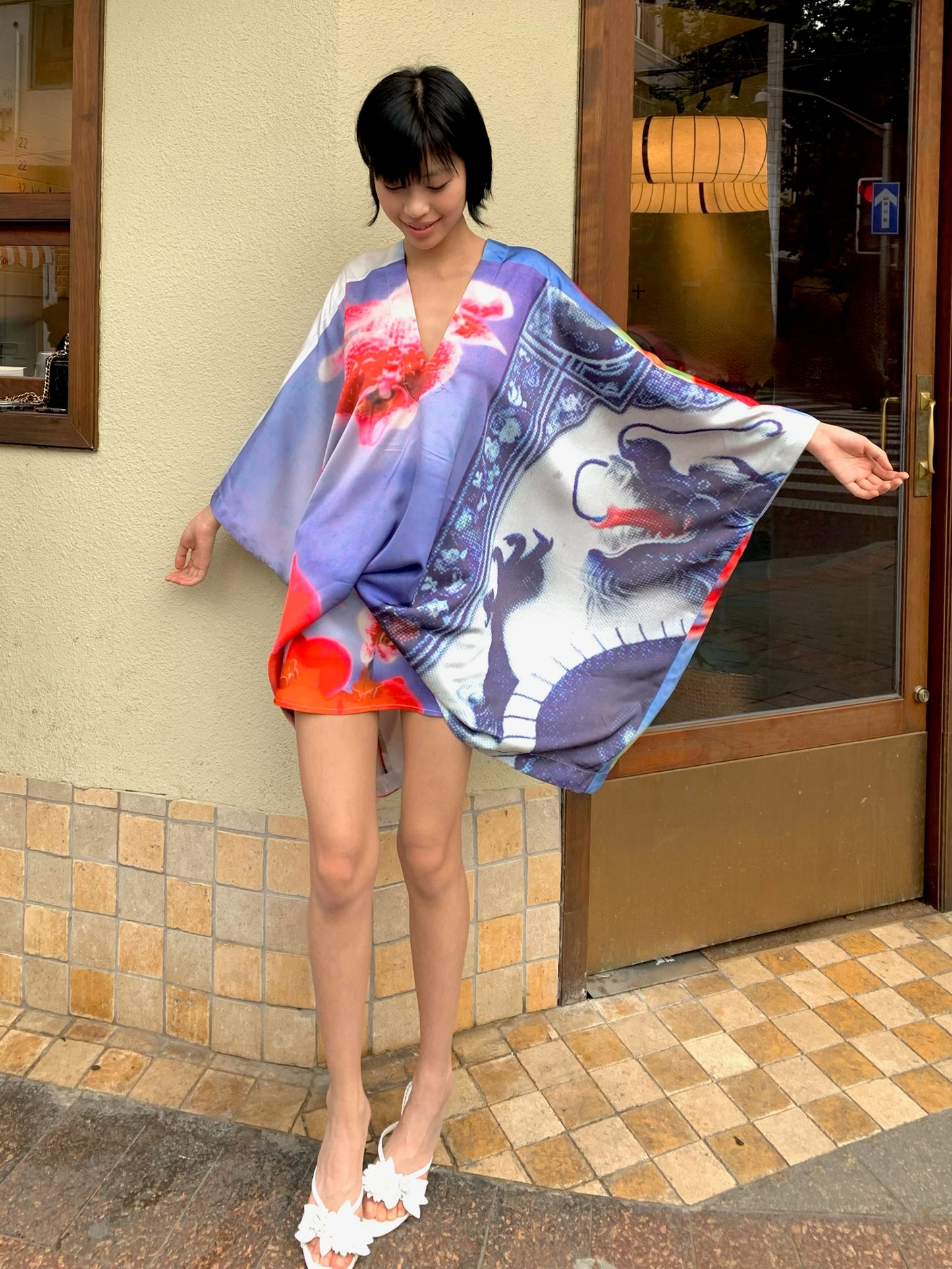 Orchid kimono - Embroidered satin wide sleeves cardigan (with belt)+Top+Skirt