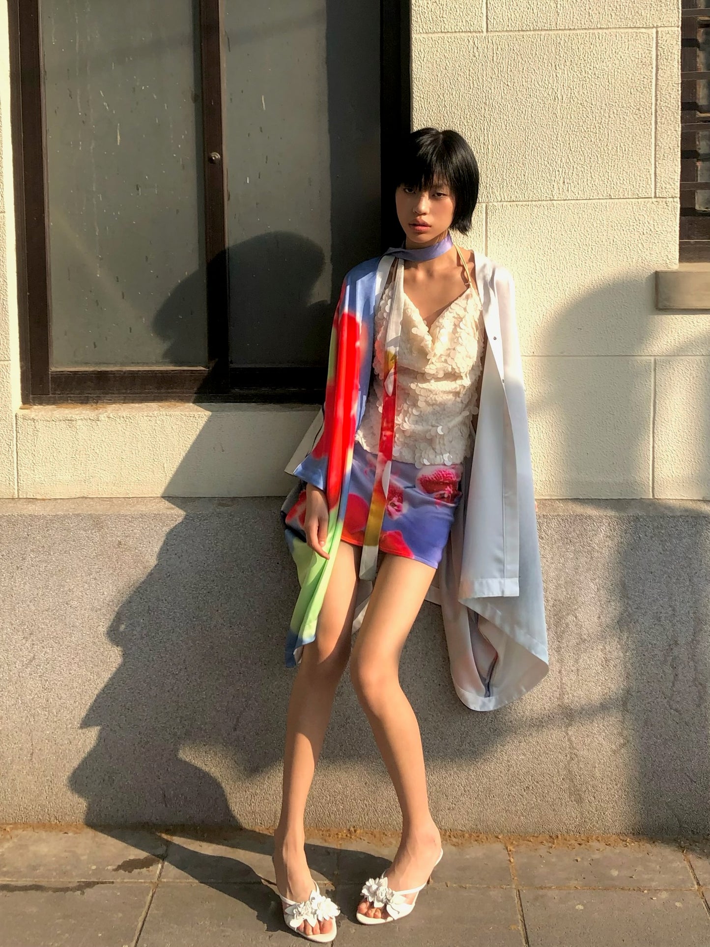 Orchid kimono - Embroidered satin wide sleeves cardigan (with belt)+Top+Skirt