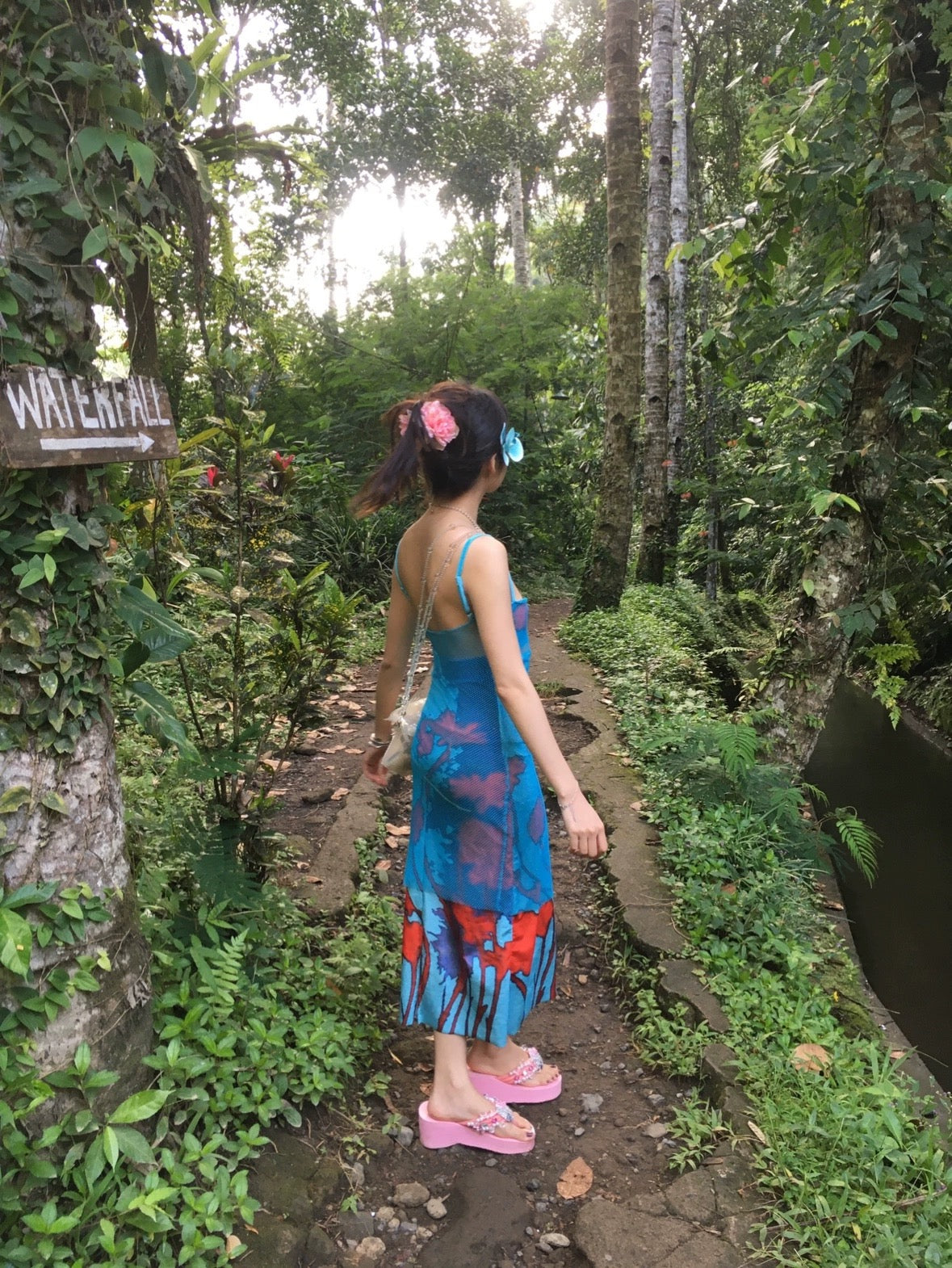 Tropical floral print blue mesh bikini two-piece swimsuit