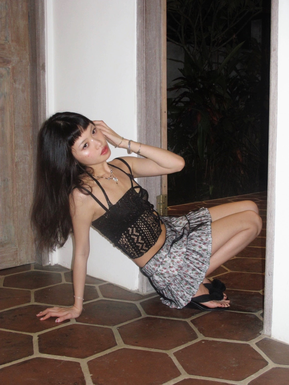 Cute double layer floral mini skirt