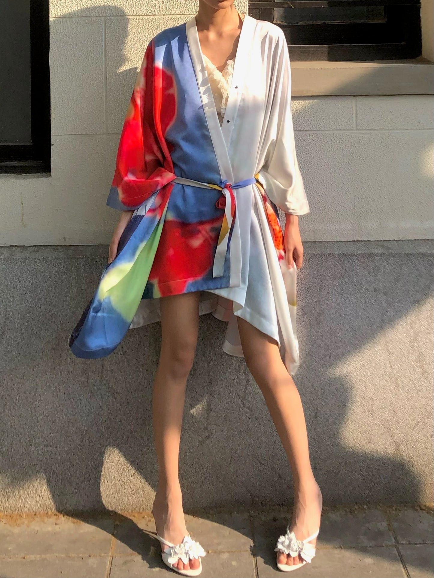 Orchid kimono - Embroidered satin wide sleeves cardigan (with belt)+Top+Skirt