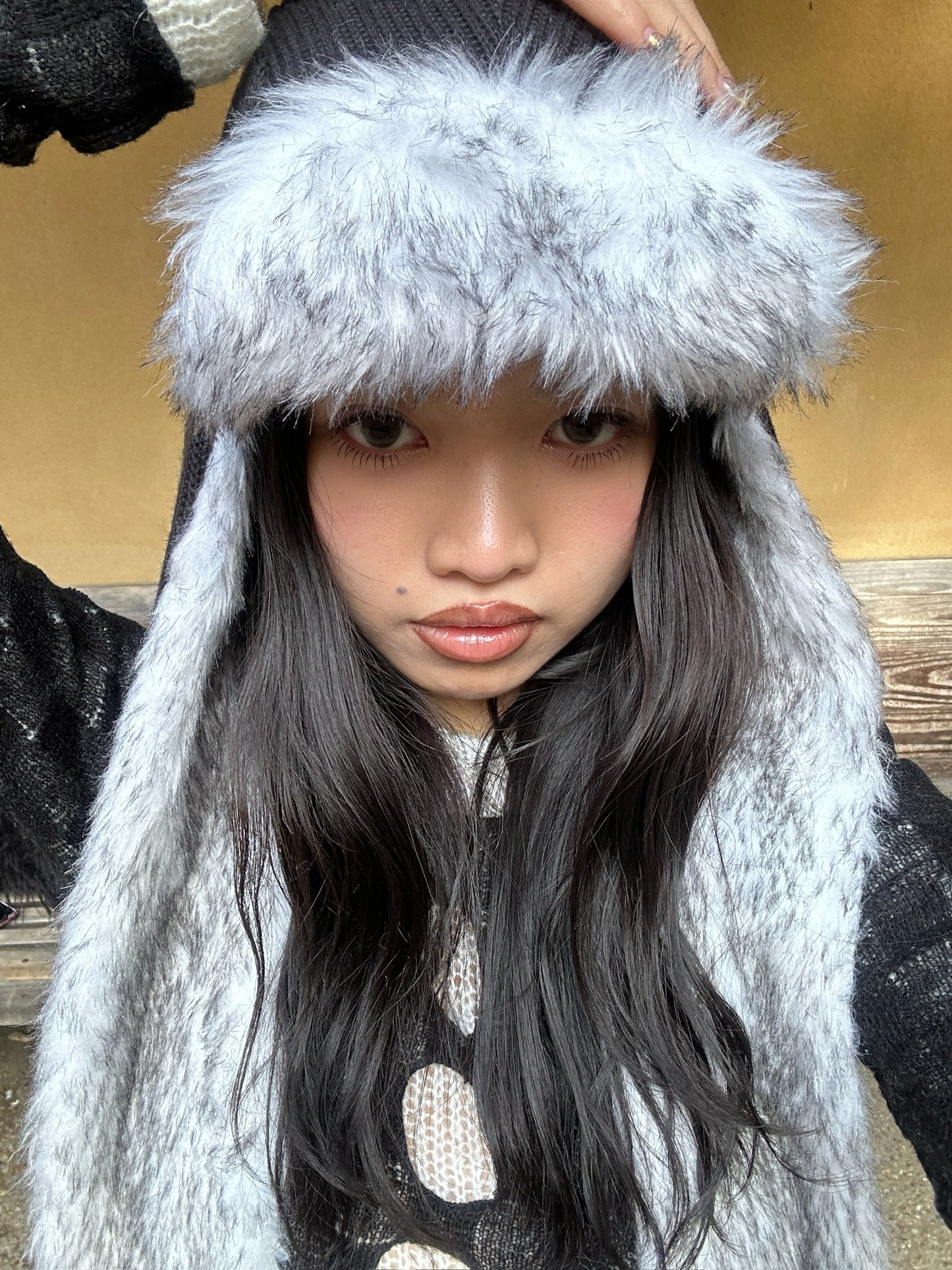 Iong “ear”black funky furry warm fur hat/scarf