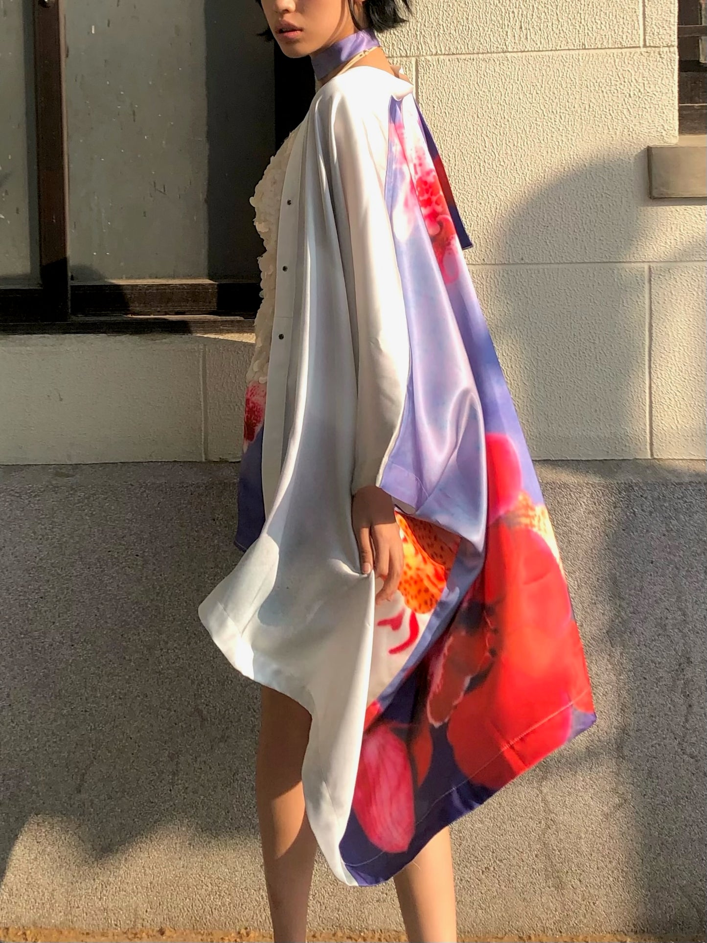 Orchid kimono - Embroidered satin wide sleeves cardigan (with belt)+Top+Skirt