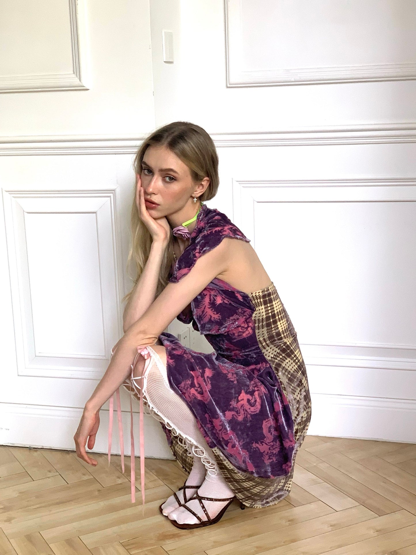 Draped vintage style purple dragon print velvet patched with coffee check velvet fabric