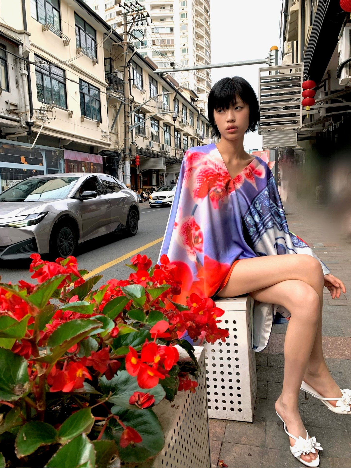 Orchid kimono - Embroidered satin wide sleeves cardigan (with belt)+Top+Skirt