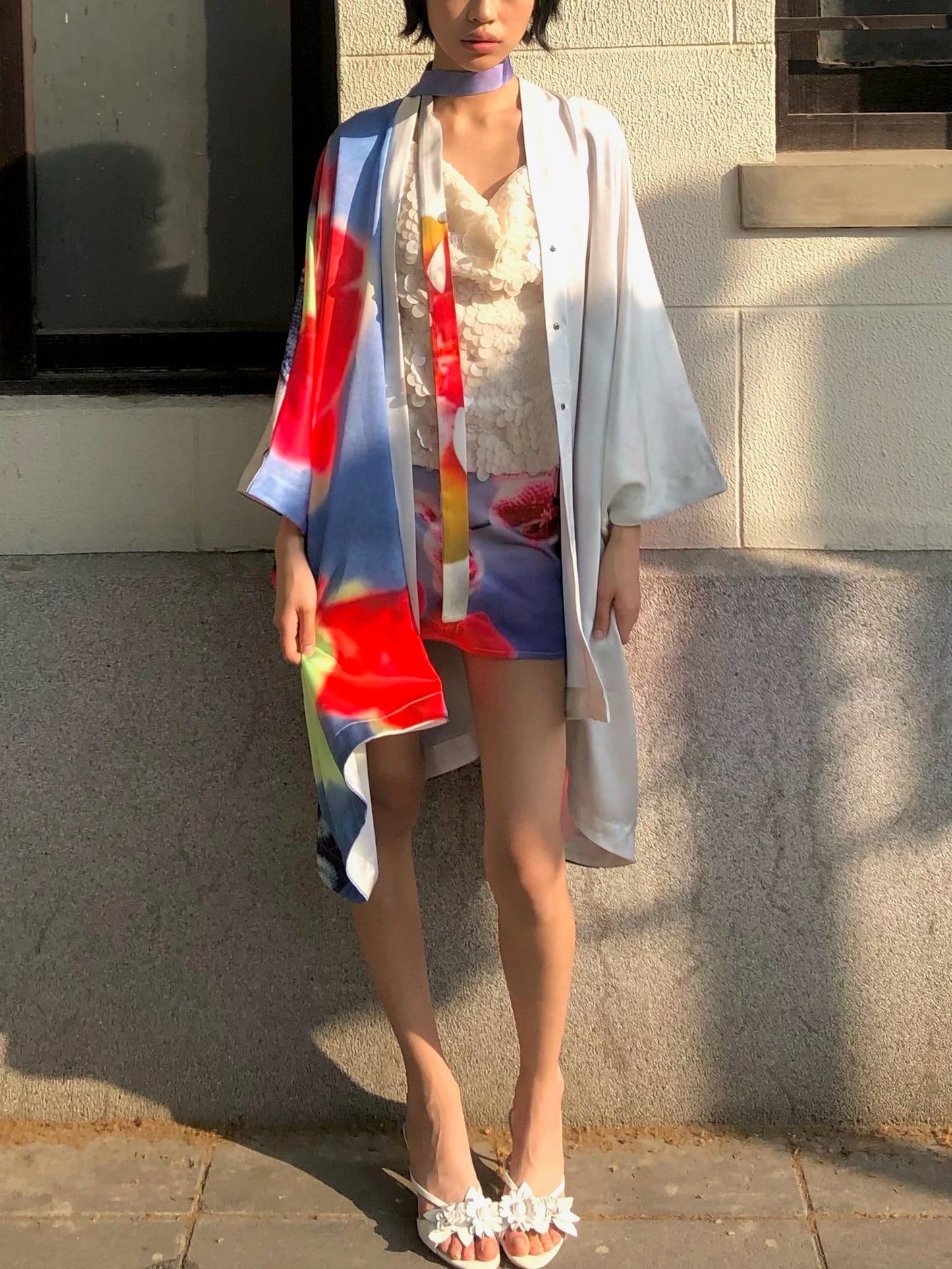 Orchid kimono - Embroidered satin wide sleeves cardigan (with belt)+Top+Skirt